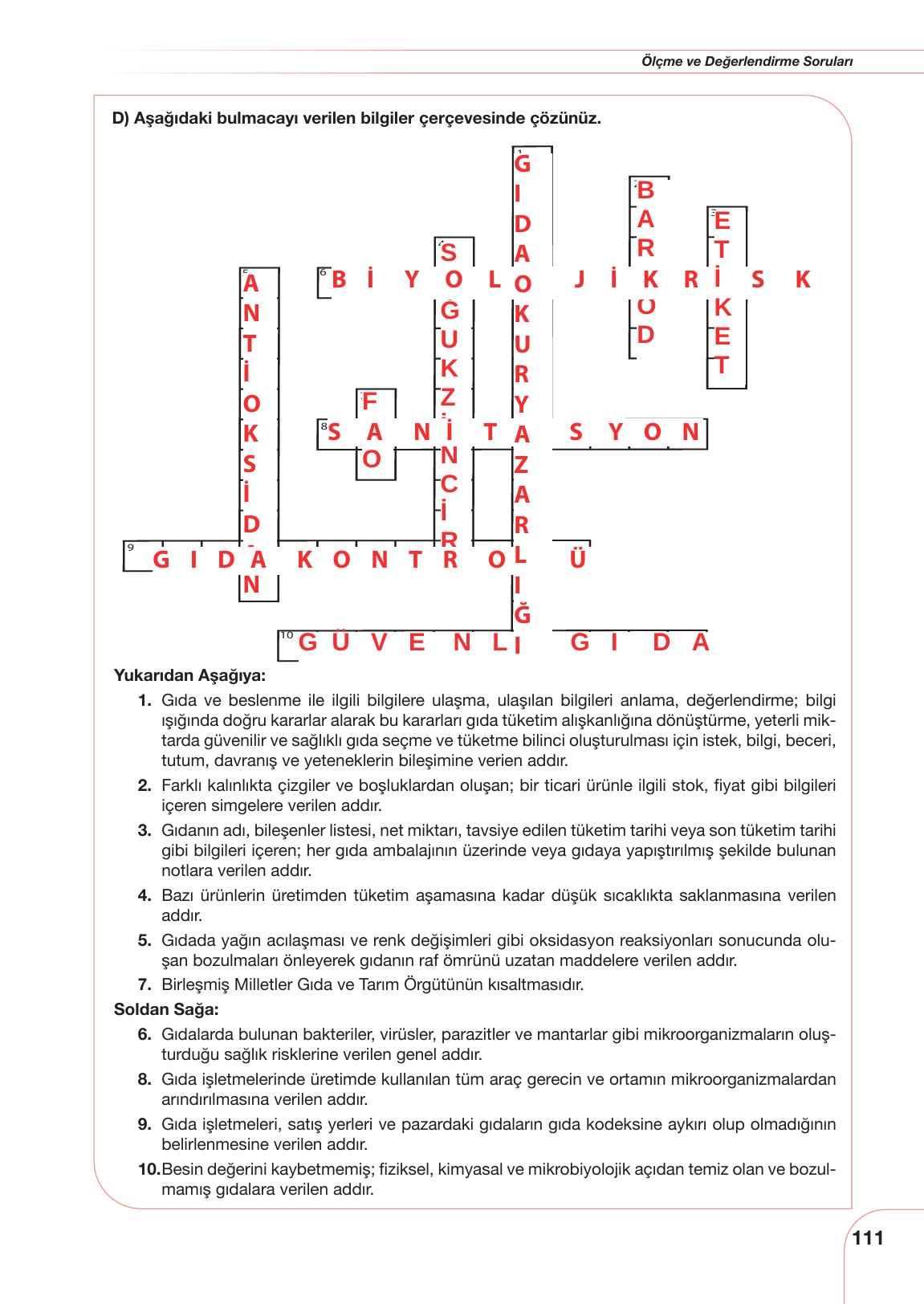 11. Sınıf Meb Yayınları Tarım Ve Gıda Güvenliği Ders Kitabı Sayfa 111 Cevapları