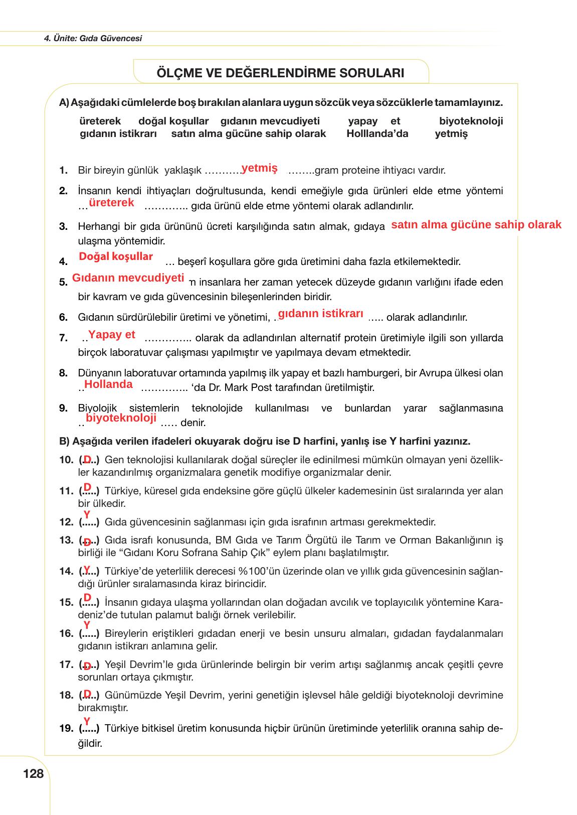 11. Sınıf Meb Yayınları Tarım Ve Gıda Güvenliği Ders Kitabı Sayfa 128 Cevapları