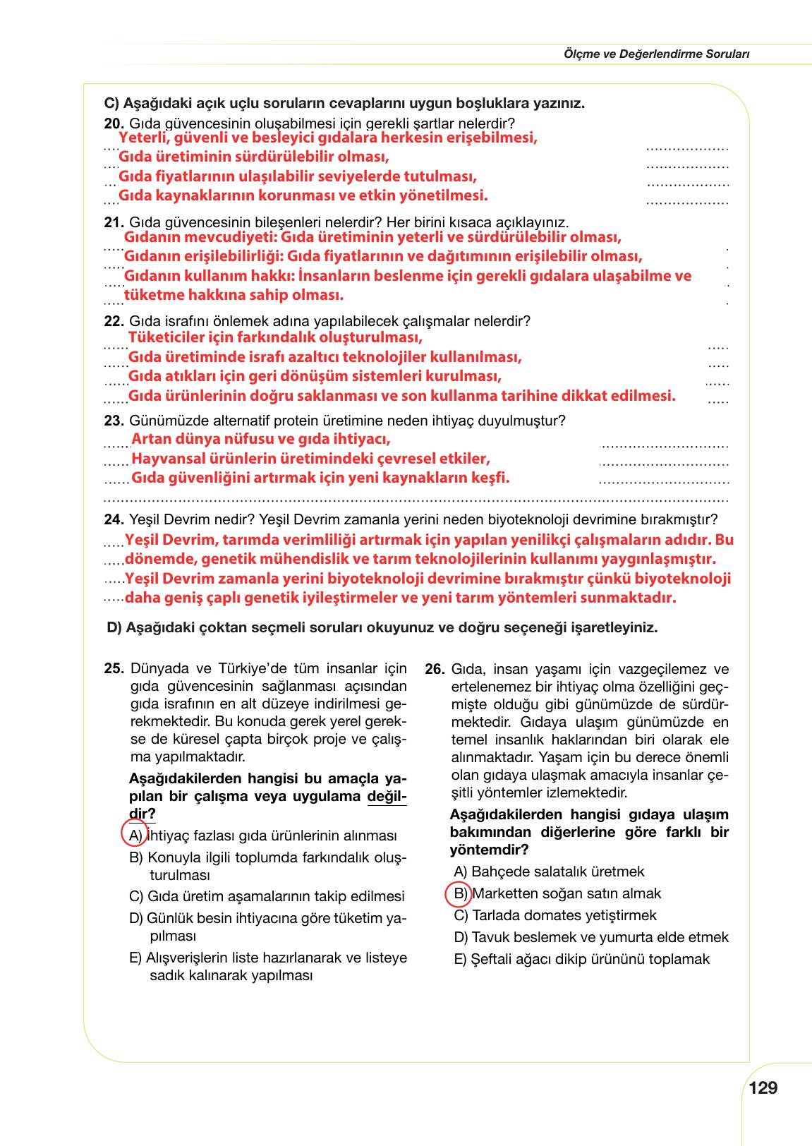 11. Sınıf Meb Yayınları Tarım Ve Gıda Güvenliği Ders Kitabı Sayfa 129 Cevapları