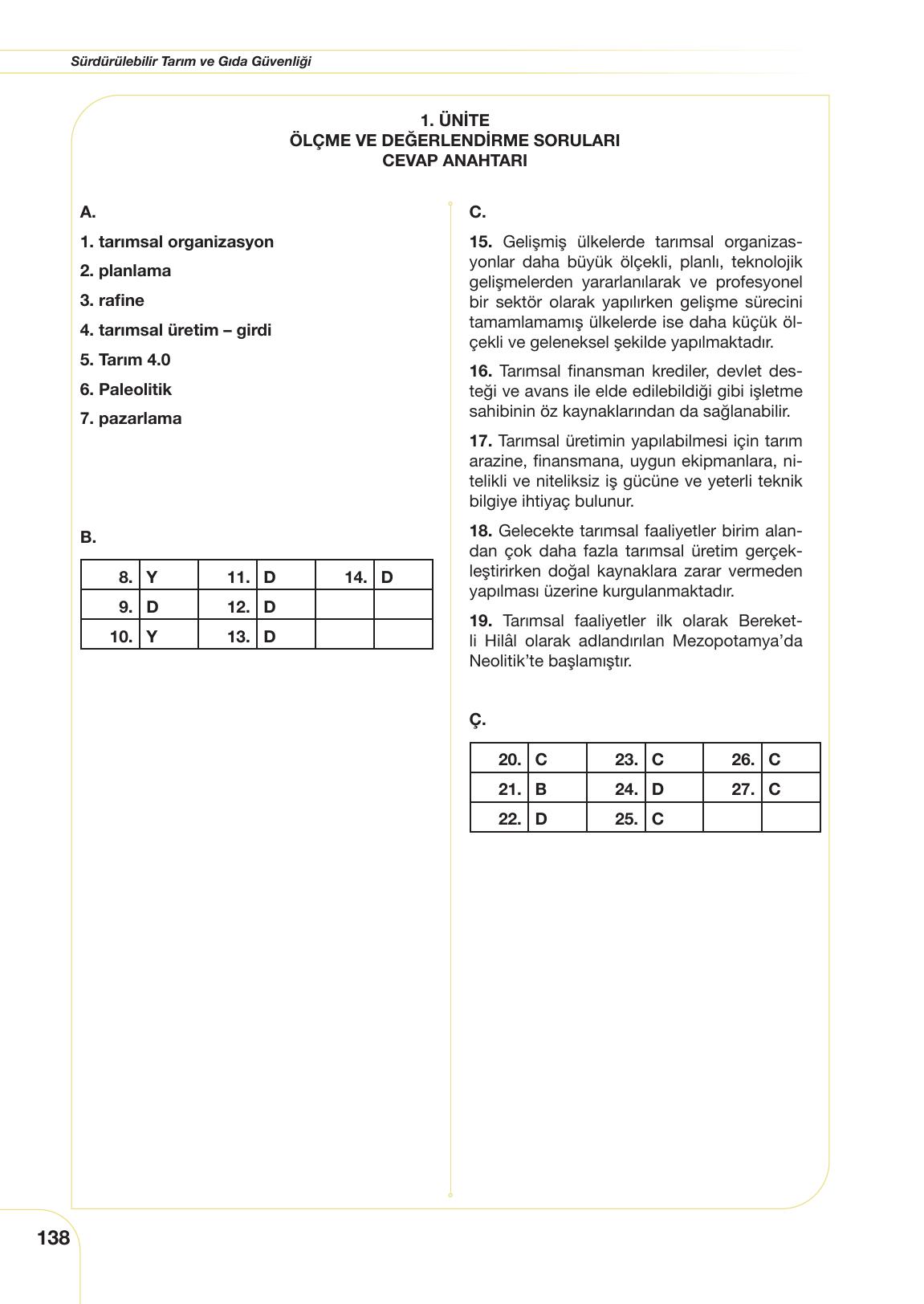 11. Sınıf Meb Yayınları Tarım Ve Gıda Güvenliği Ders Kitabı Sayfa 138 Cevapları