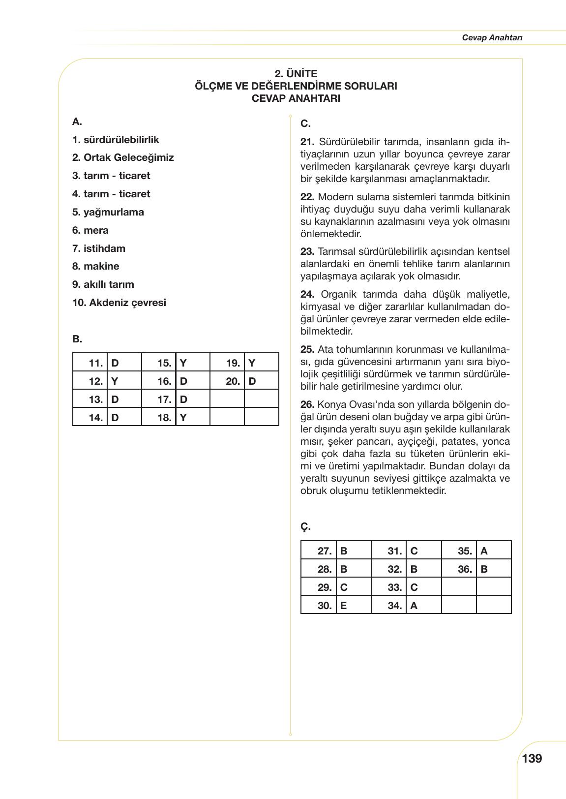 11. Sınıf Meb Yayınları Tarım Ve Gıda Güvenliği Ders Kitabı Sayfa 139 Cevapları