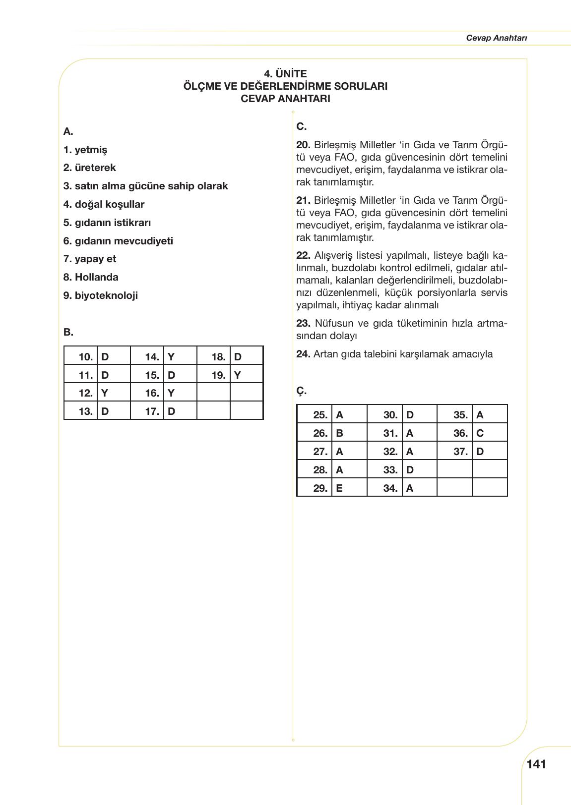 11. Sınıf Meb Yayınları Tarım Ve Gıda Güvenliği Ders Kitabı Sayfa 141 Cevapları