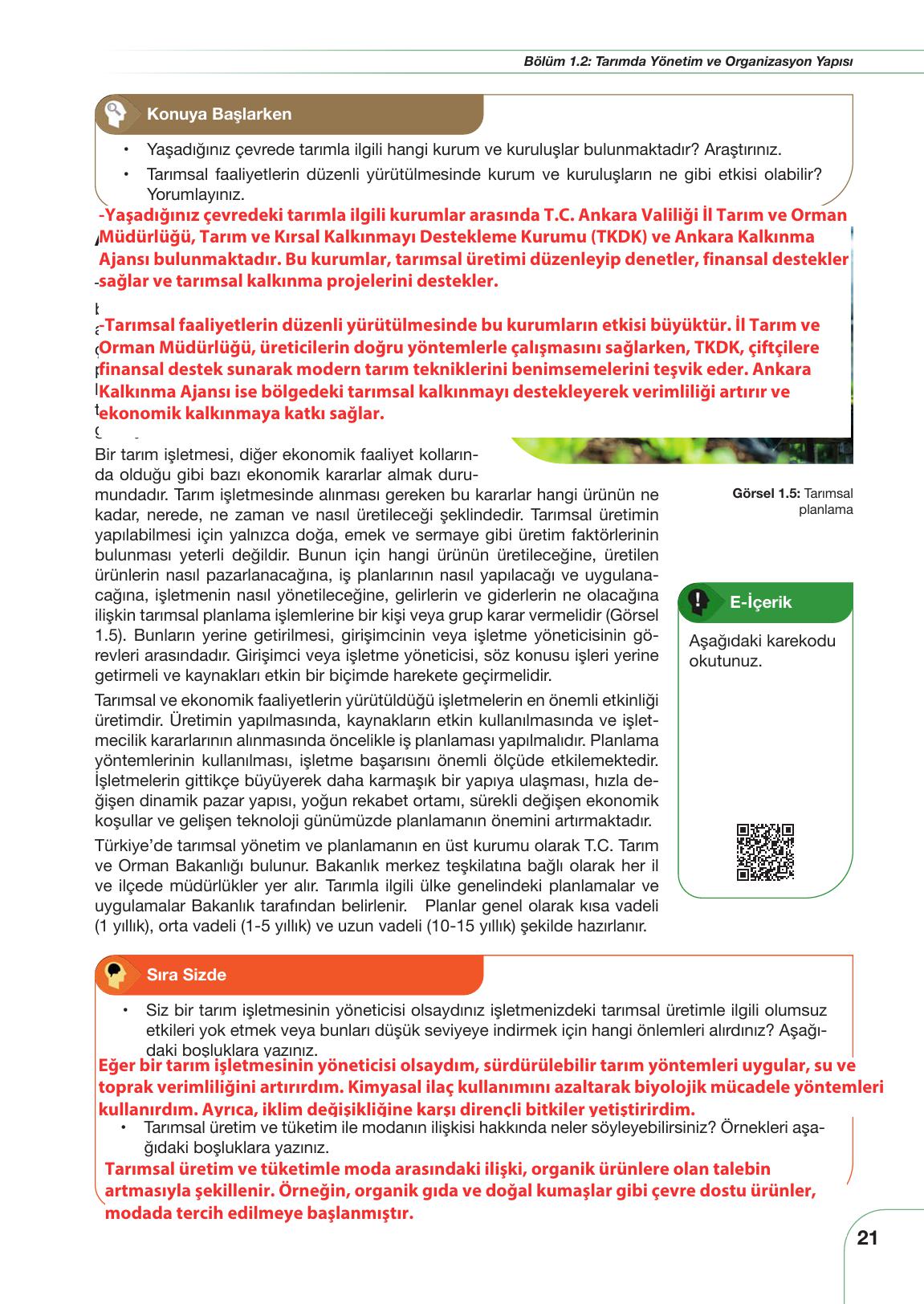 11. Sınıf Meb Yayınları Tarım Ve Gıda Güvenliği Ders Kitabı Sayfa 21 Cevapları