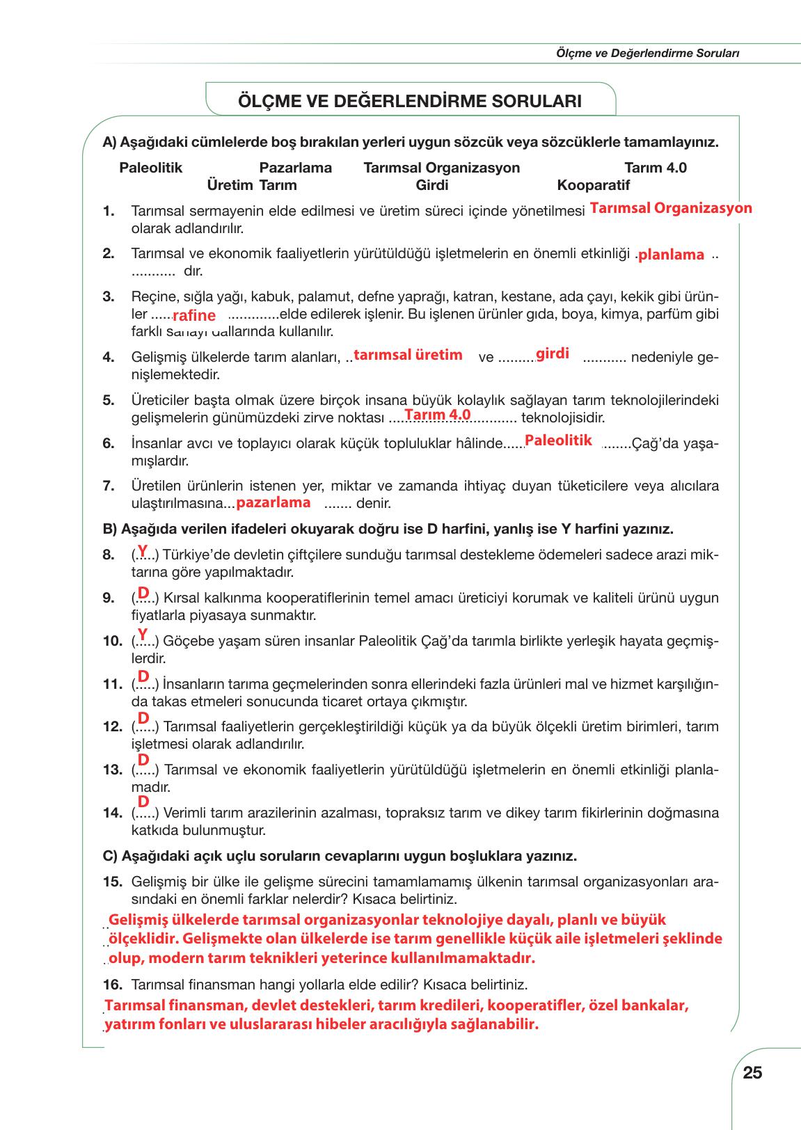 11. Sınıf Meb Yayınları Tarım Ve Gıda Güvenliği Ders Kitabı Sayfa 25 Cevapları