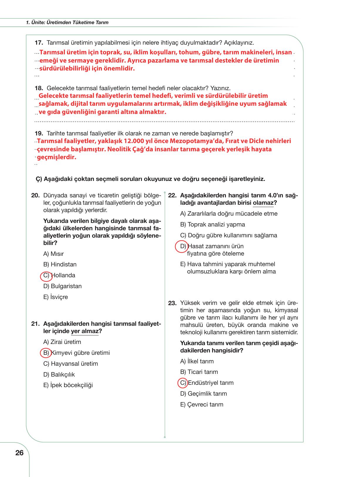 11. Sınıf Meb Yayınları Tarım Ve Gıda Güvenliği Ders Kitabı Sayfa 26 Cevapları