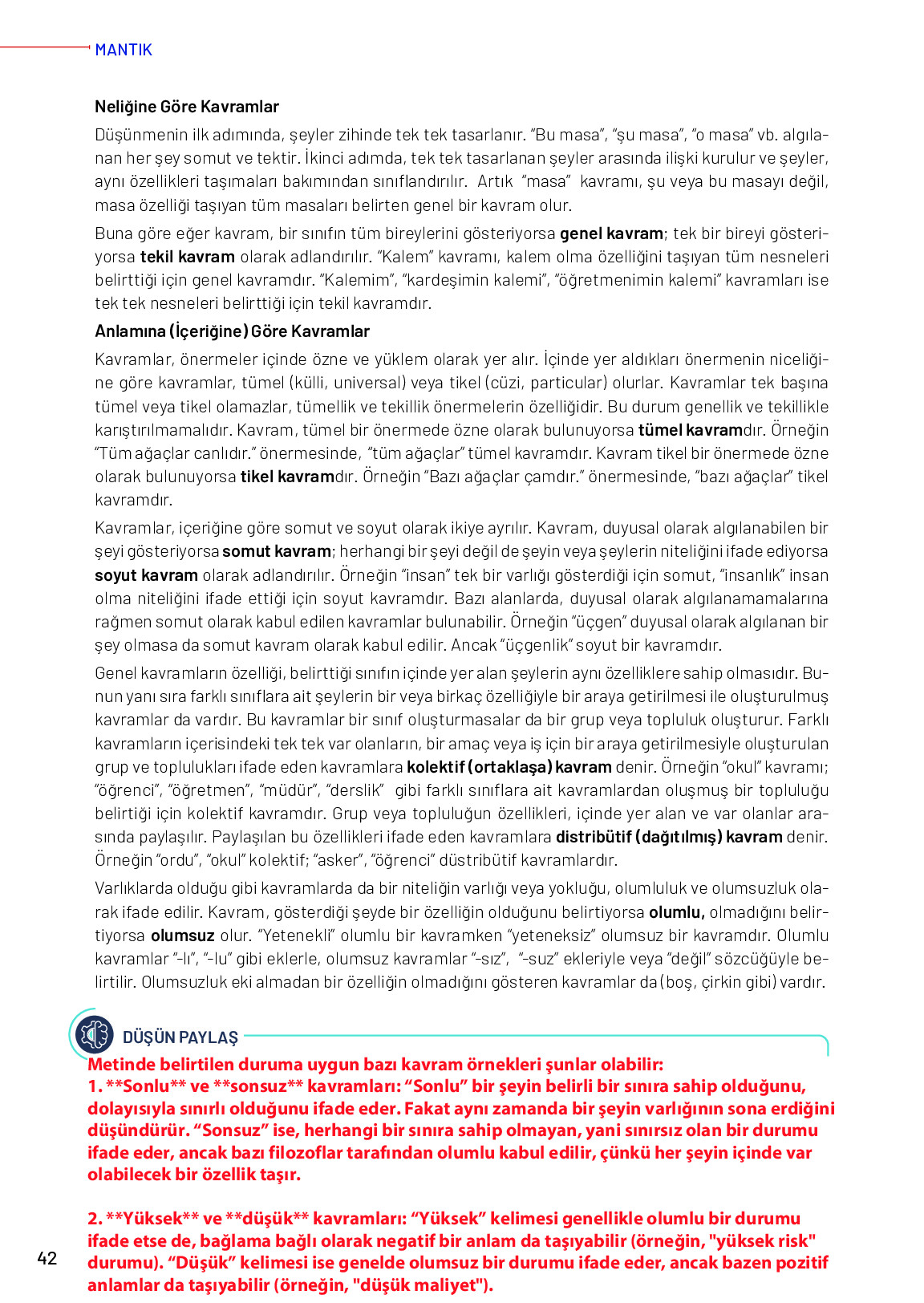12. Sınıf Meb Yayınları Mantık Ders Kitabı Sayfa 42 Cevapları
