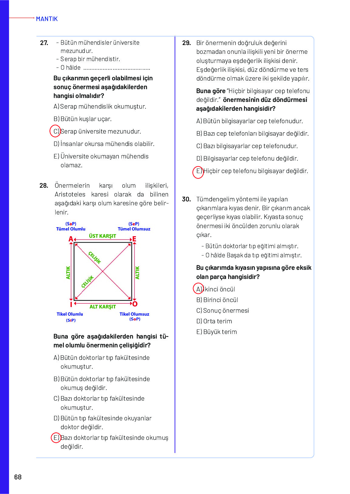 12. Sınıf Meb Yayınları Mantık Ders Kitabı Sayfa 68 Cevapları