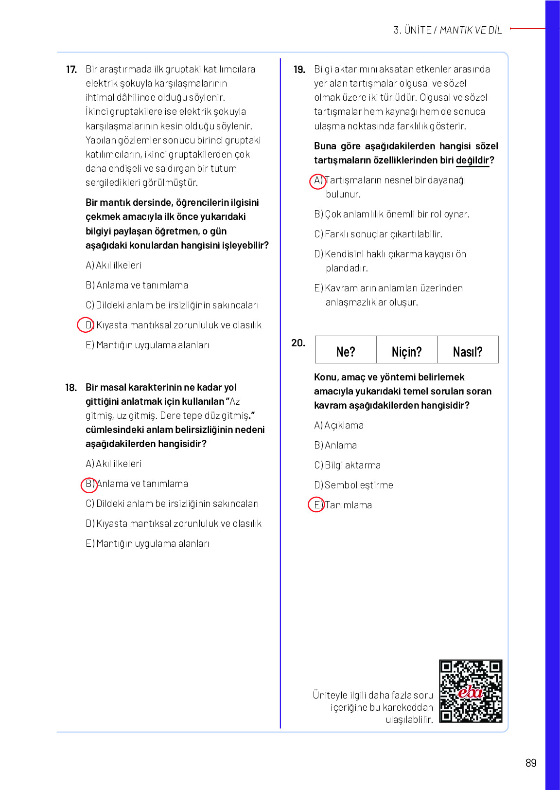 12. Sınıf Meb Yayınları Mantık Ders Kitabı Sayfa 89 Cevapları 12. Sınıf Meb Yayınları Mantık Ders Kitabı Sayfa 89 Cevapları