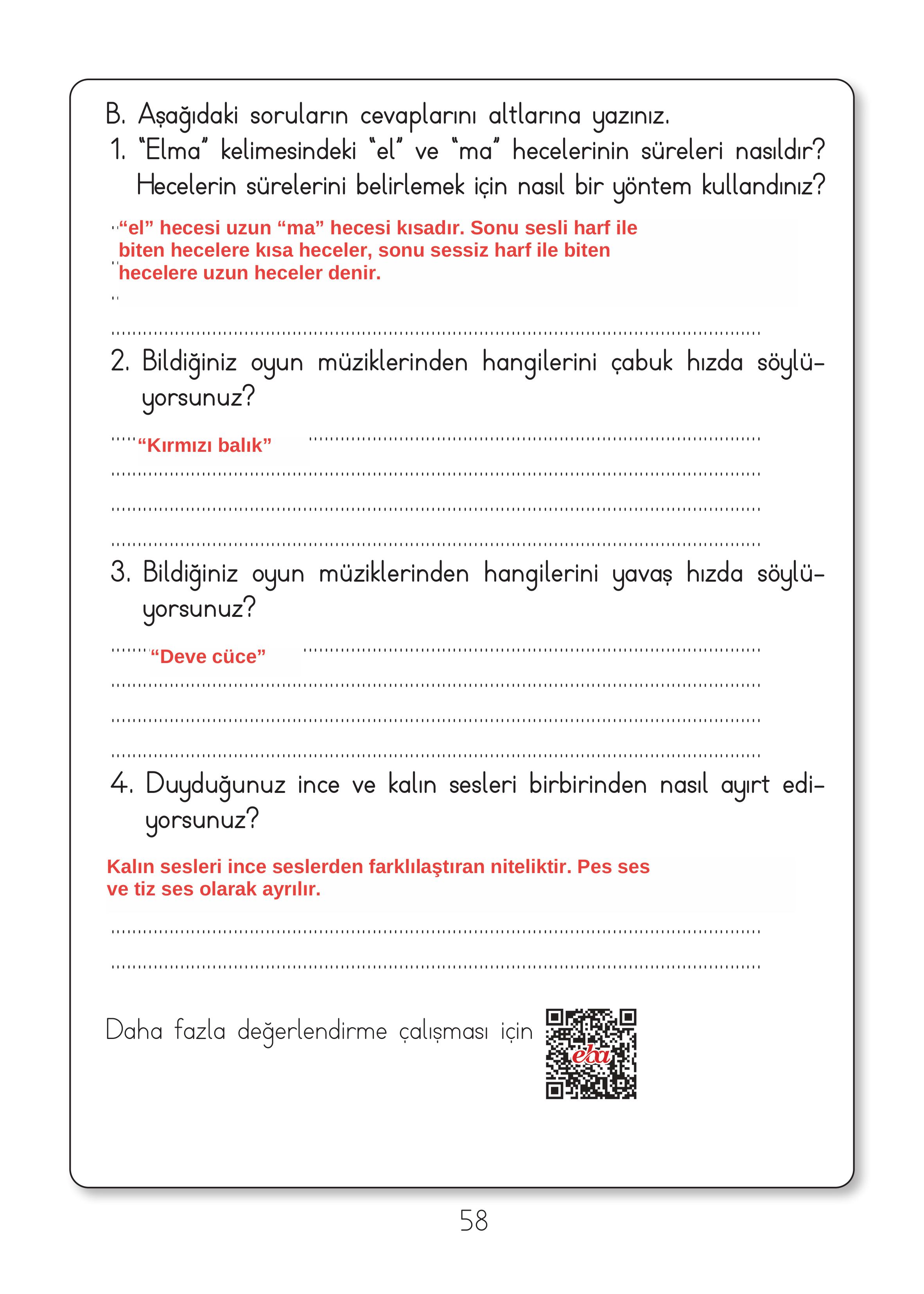 2. Sınıf Hecce Yayıncılık Müzik Ders Kitabı Sayfa 58 Cevapları