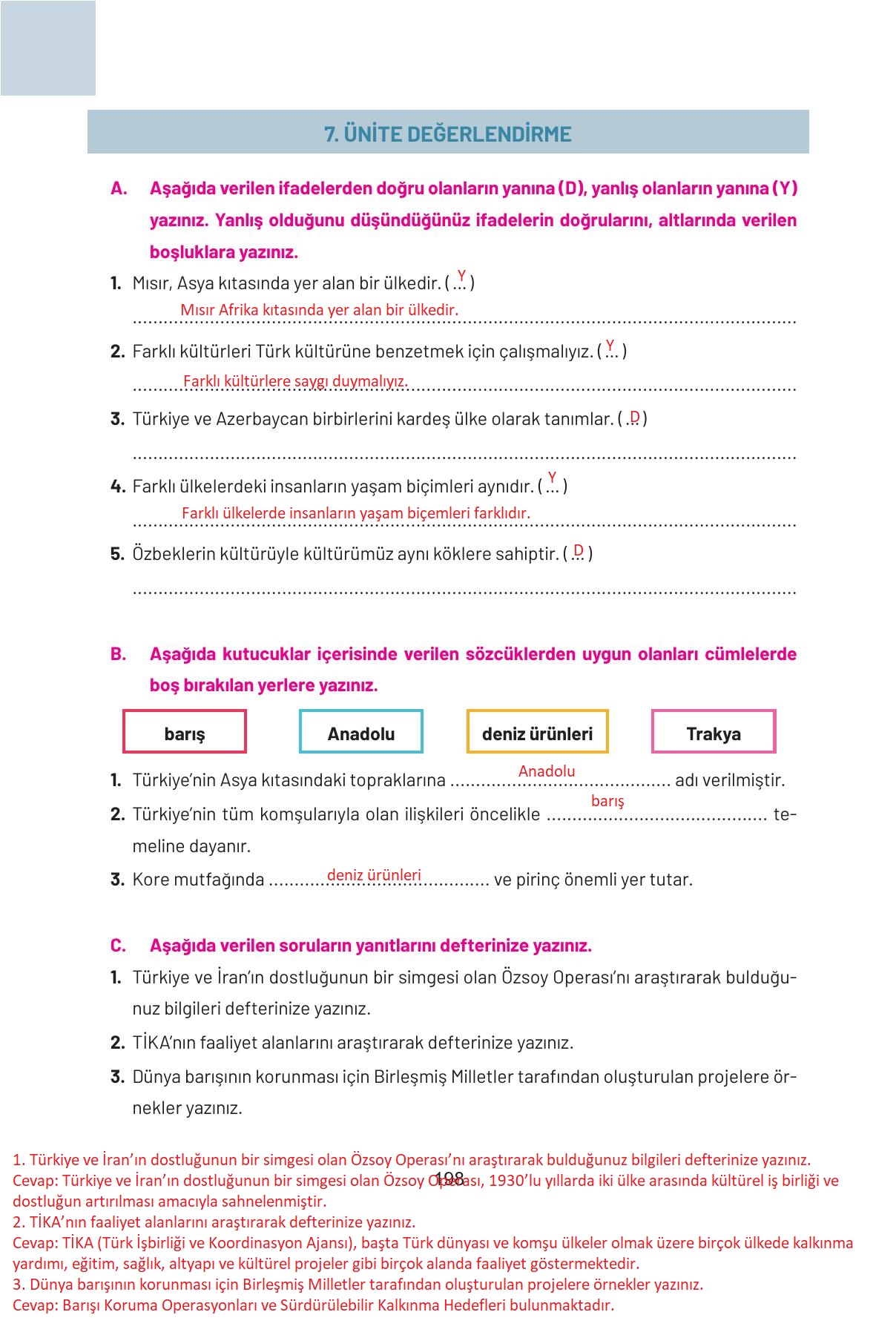 4. Sınıf Hecce Yayıncılık Sosyal Bilgiler Ders Kitabı Sayfa 198 Cevapları