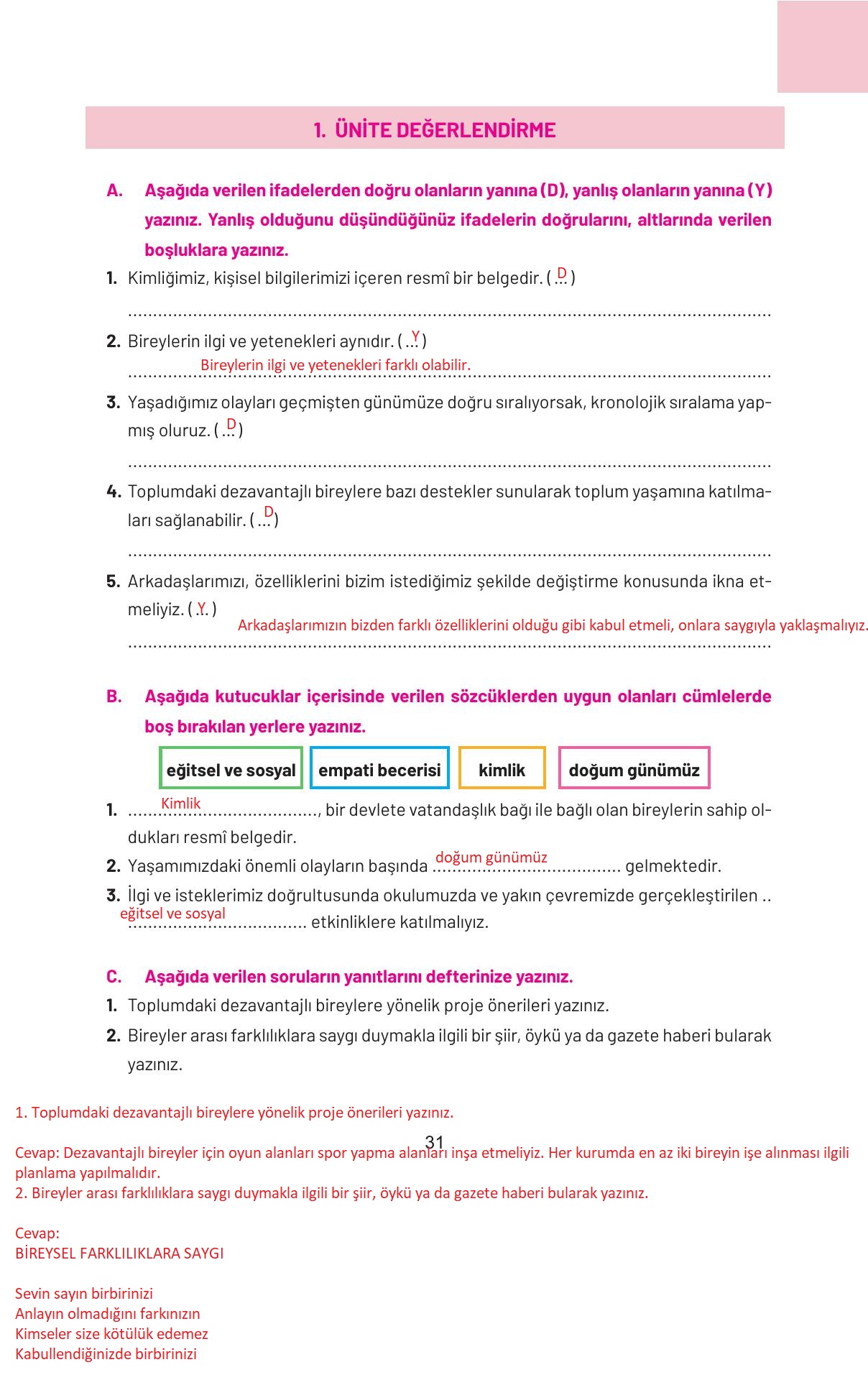 4. Sınıf Hecce Yayıncılık Sosyal Bilgiler Ders Kitabı Sayfa 31 Cevapları