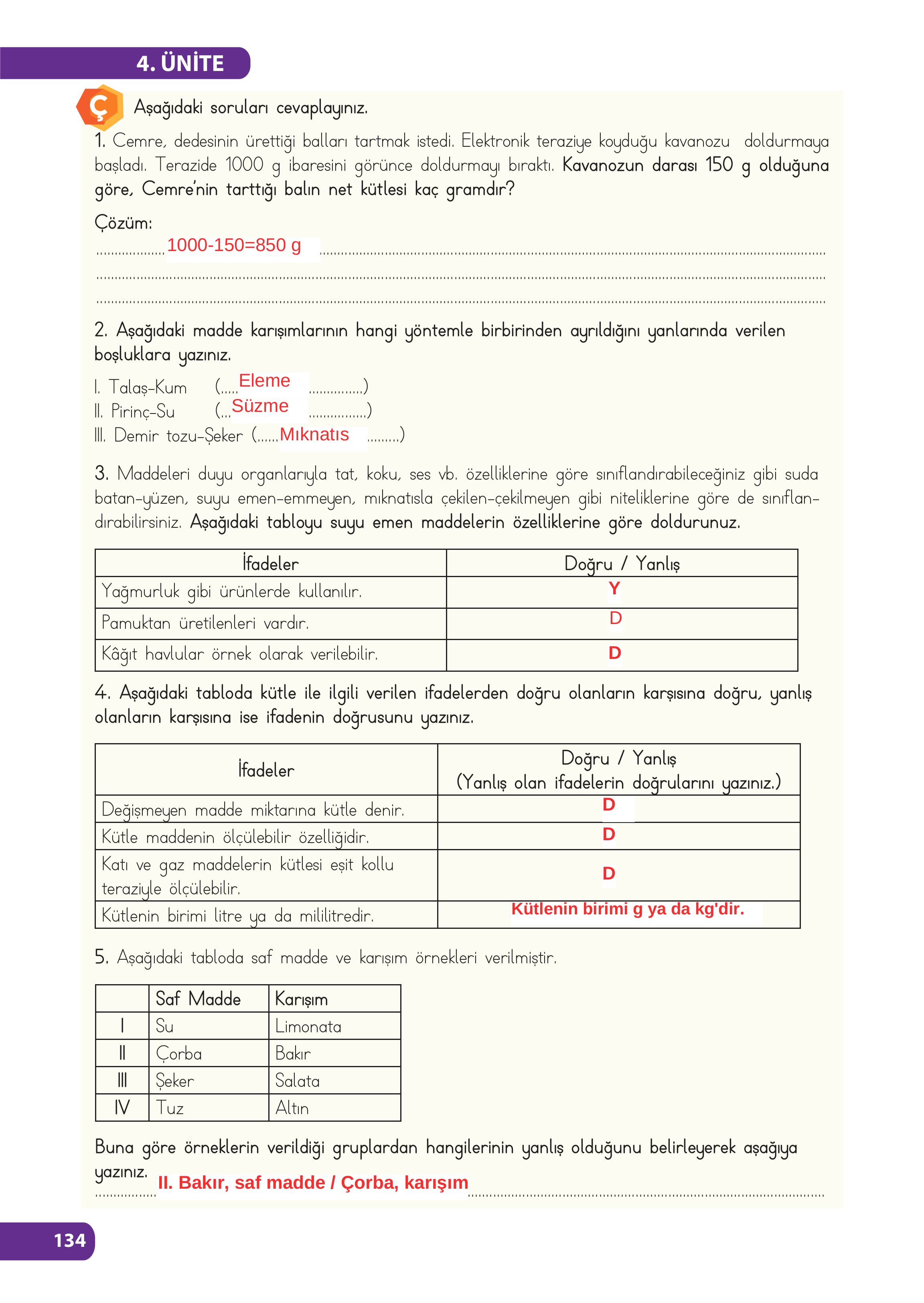 4. Sınıf Meb Yayınları Fen Bilimleri Ders Kitabı Sayfa 134 Cevapları