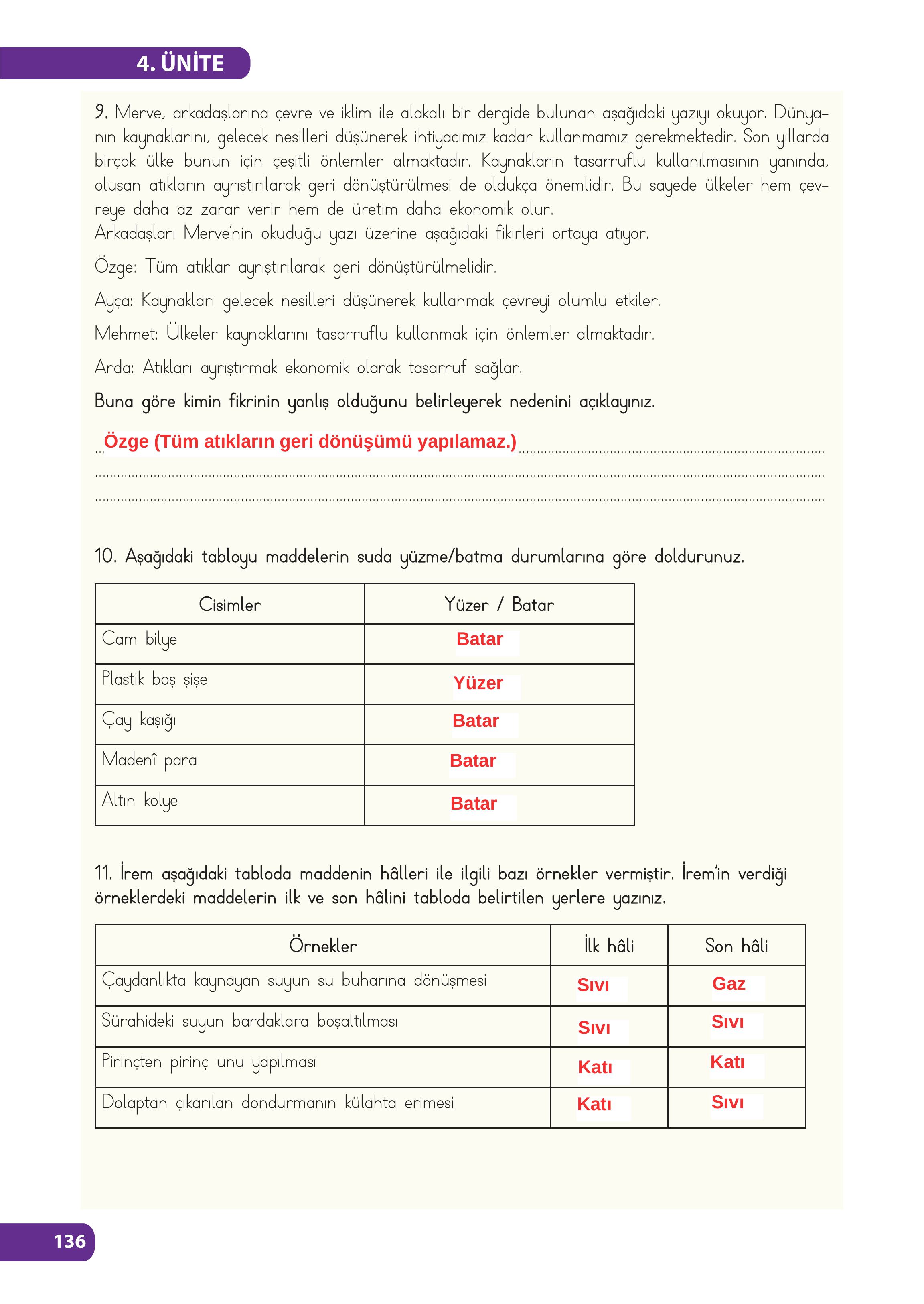 4. Sınıf Meb Yayınları Fen Bilimleri Ders Kitabı Sayfa 136 Cevapları