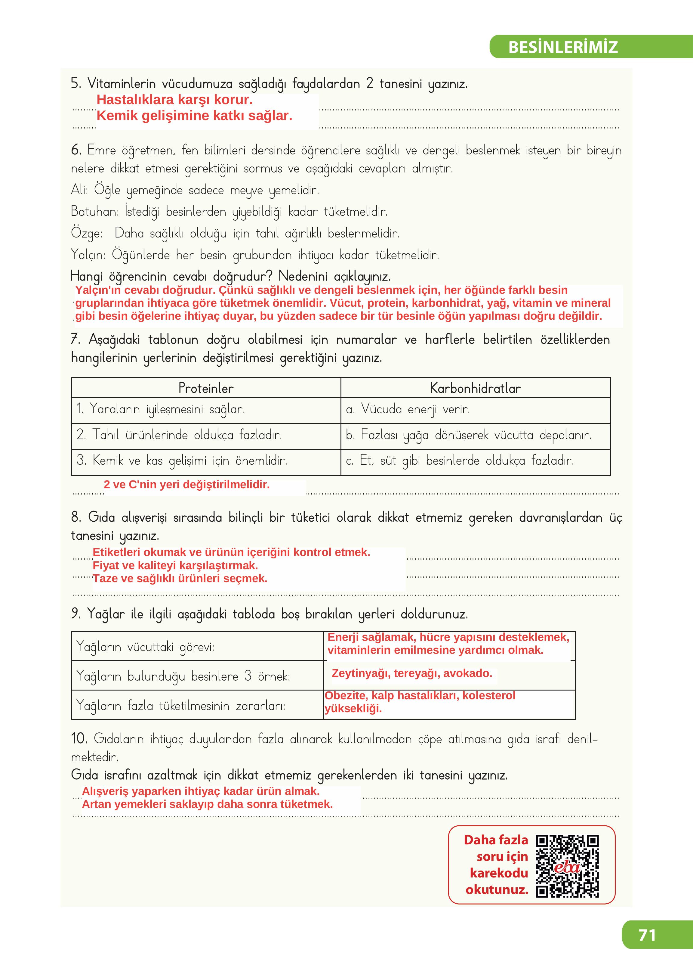 4. Sınıf Meb Yayınları Fen Bilimleri Ders Kitabı Sayfa 71 Cevapları