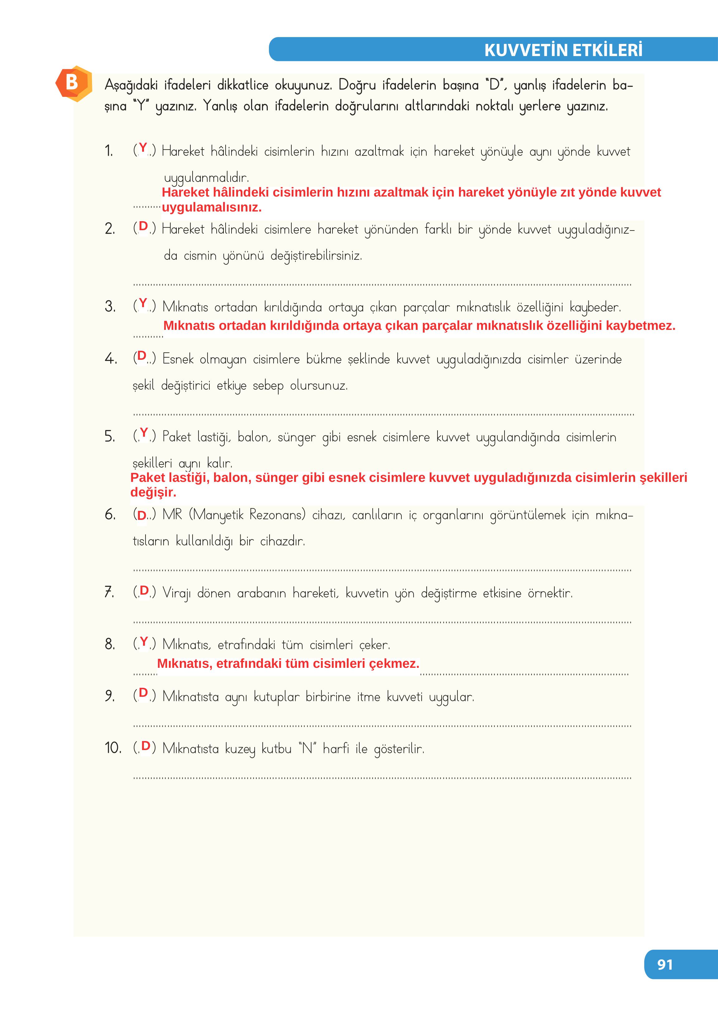 4. Sınıf Meb Yayınları Fen Bilimleri Ders Kitabı Sayfa 91 Cevapları