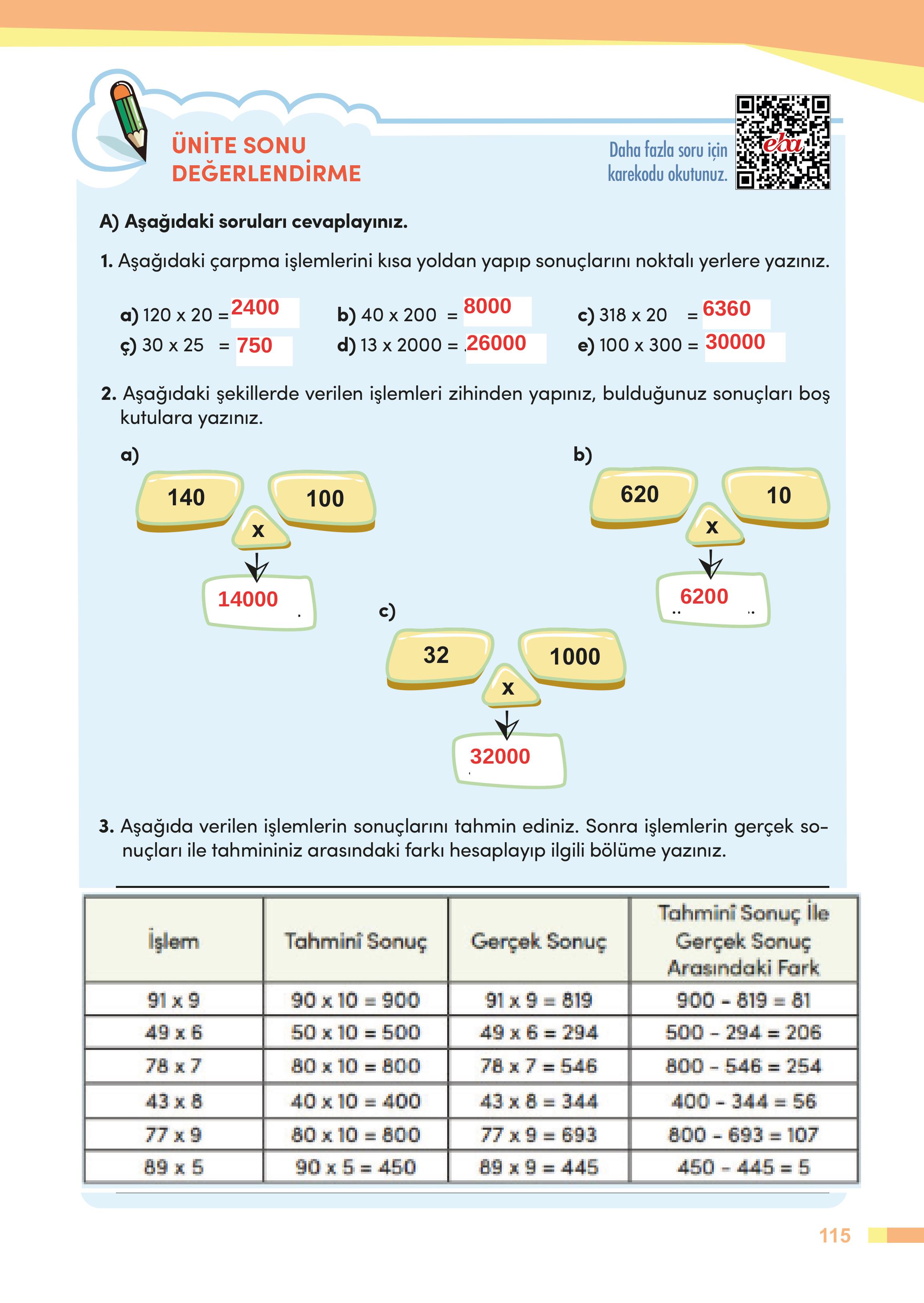 4. Sınıf Meb Yayınları Matematik Ders Kitabı Sayfa 115 Cevapları