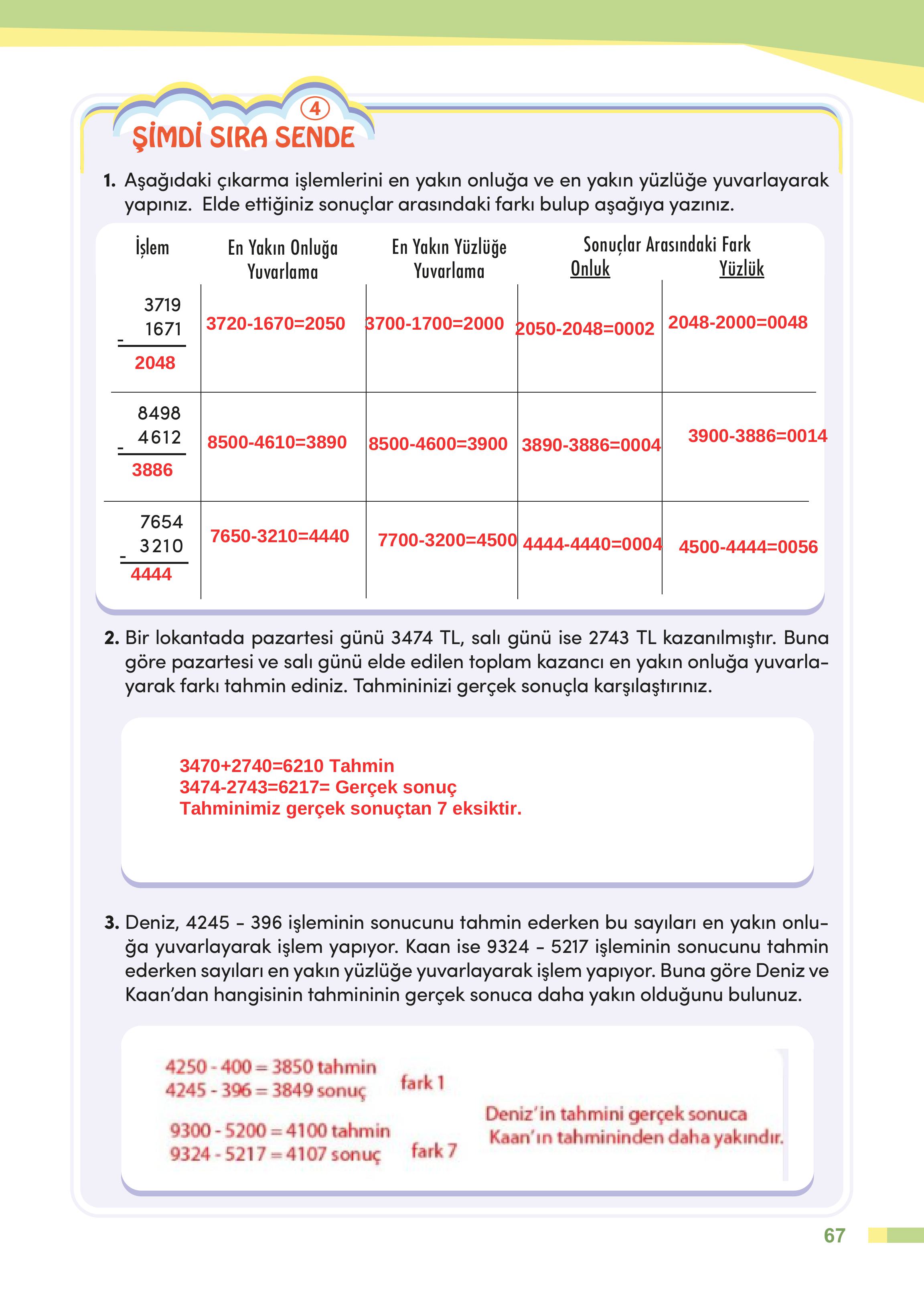 4. Sınıf Meb Yayınları Matematik Ders Kitabı Sayfa 67 Cevapları