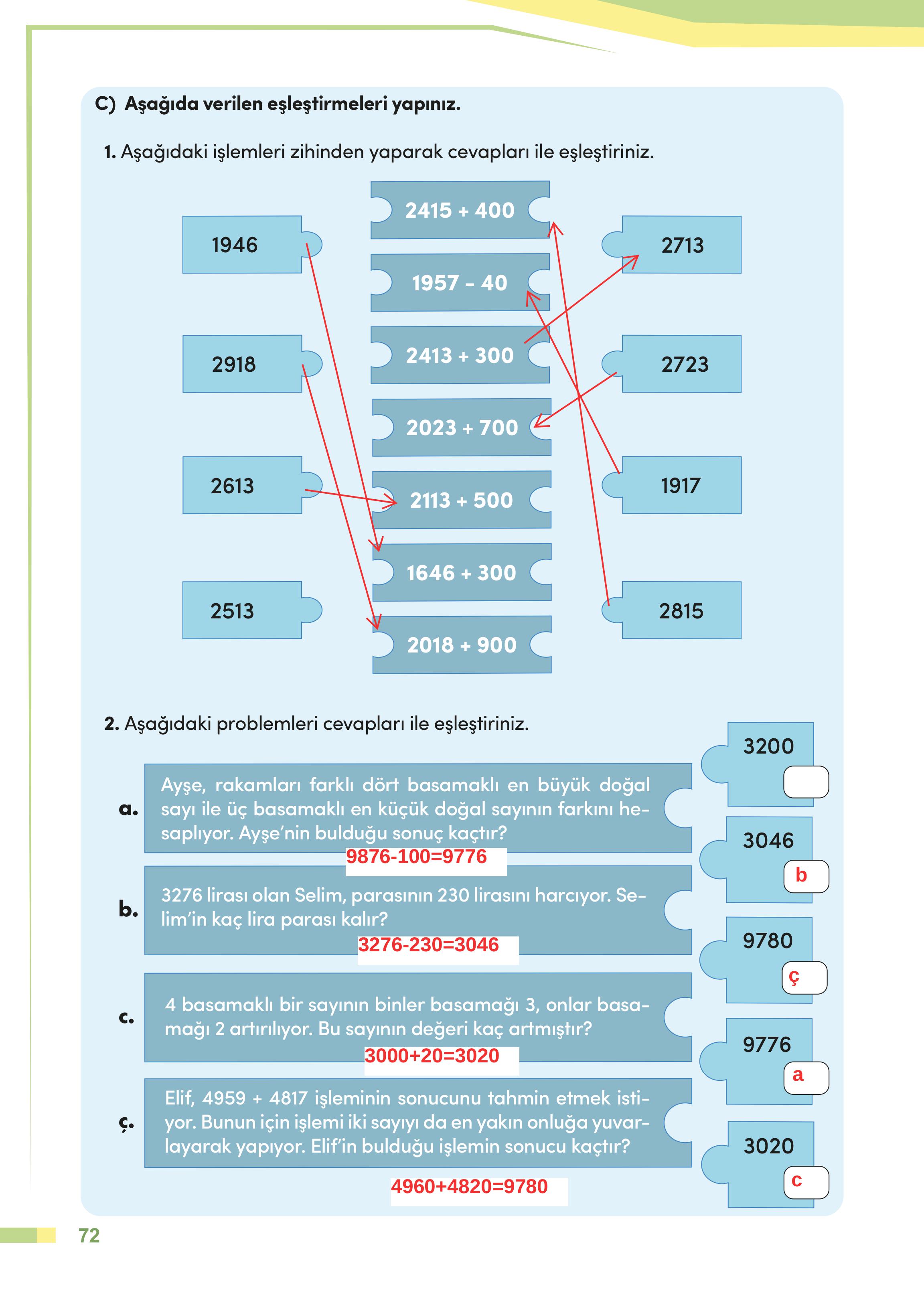 4. Sınıf Meb Yayınları Matematik Ders Kitabı Sayfa 72 Cevapları