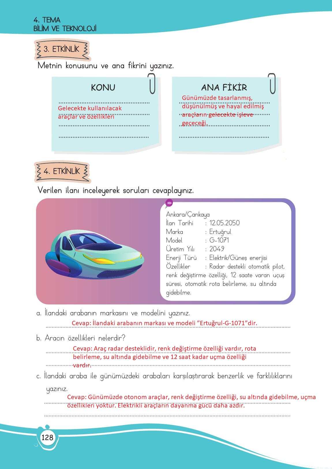 4. Sınıf Meb Yayınları Türkçe Ders Kitabı Sayfa 128 Cevapları