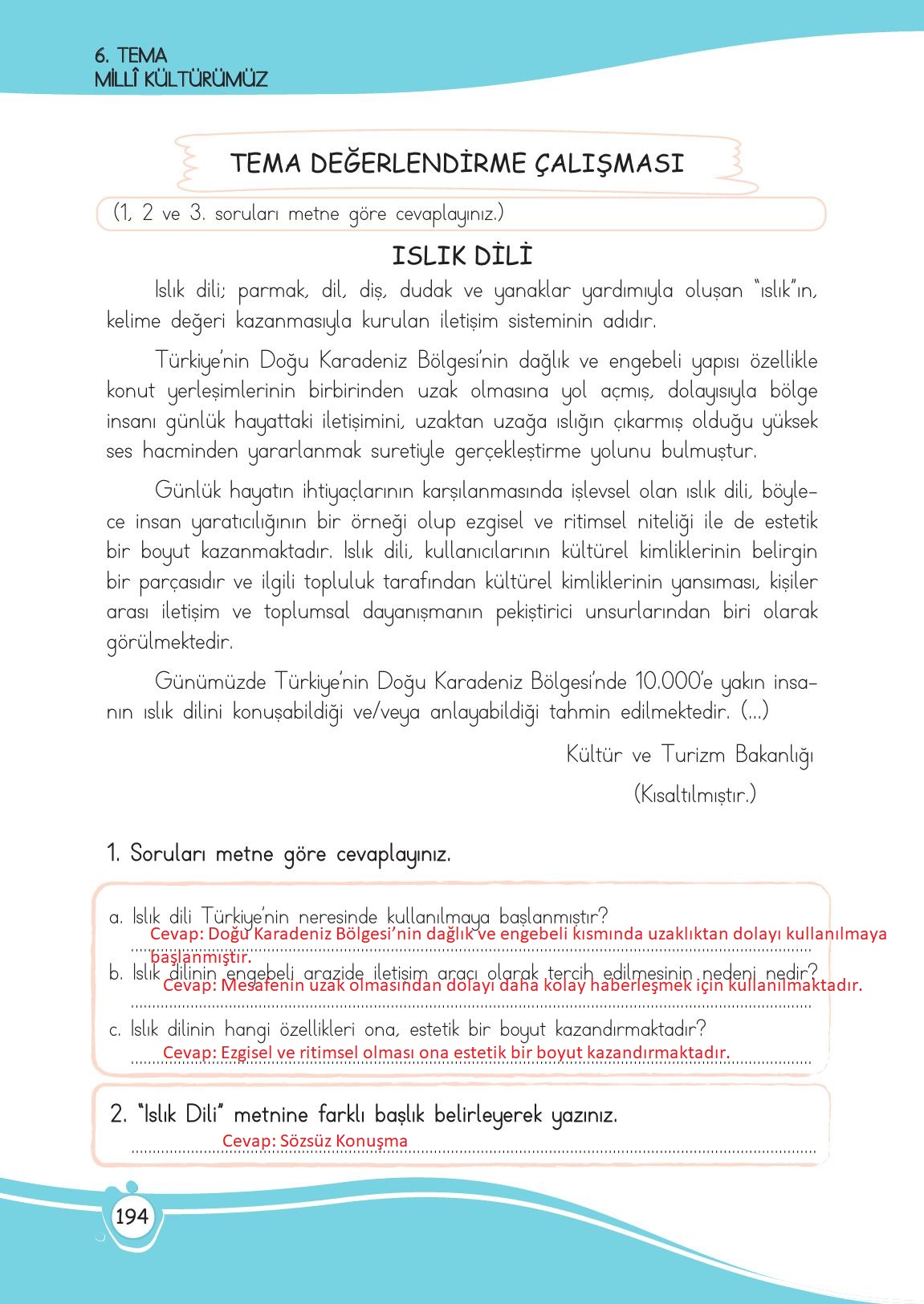 4. Sınıf Meb Yayınları Türkçe Ders Kitabı Sayfa 194 Cevapları