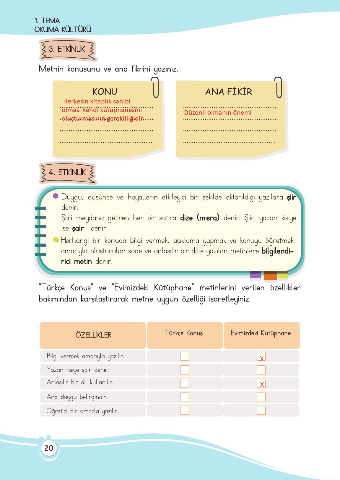 4. Sınıf Meb Yayınları Türkçe Ders Kitabı Sayfa 20 Cevapları