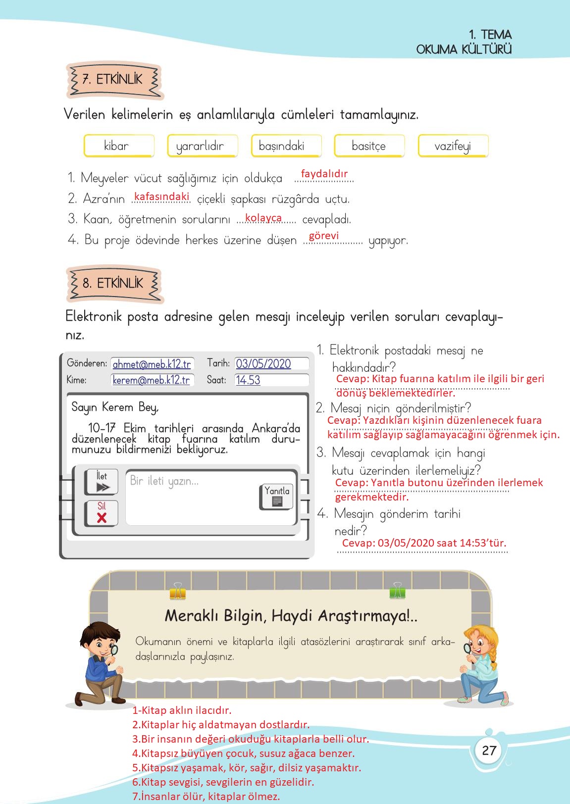 4. Sınıf Meb Yayınları Türkçe Ders Kitabı Sayfa 27 Cevapları