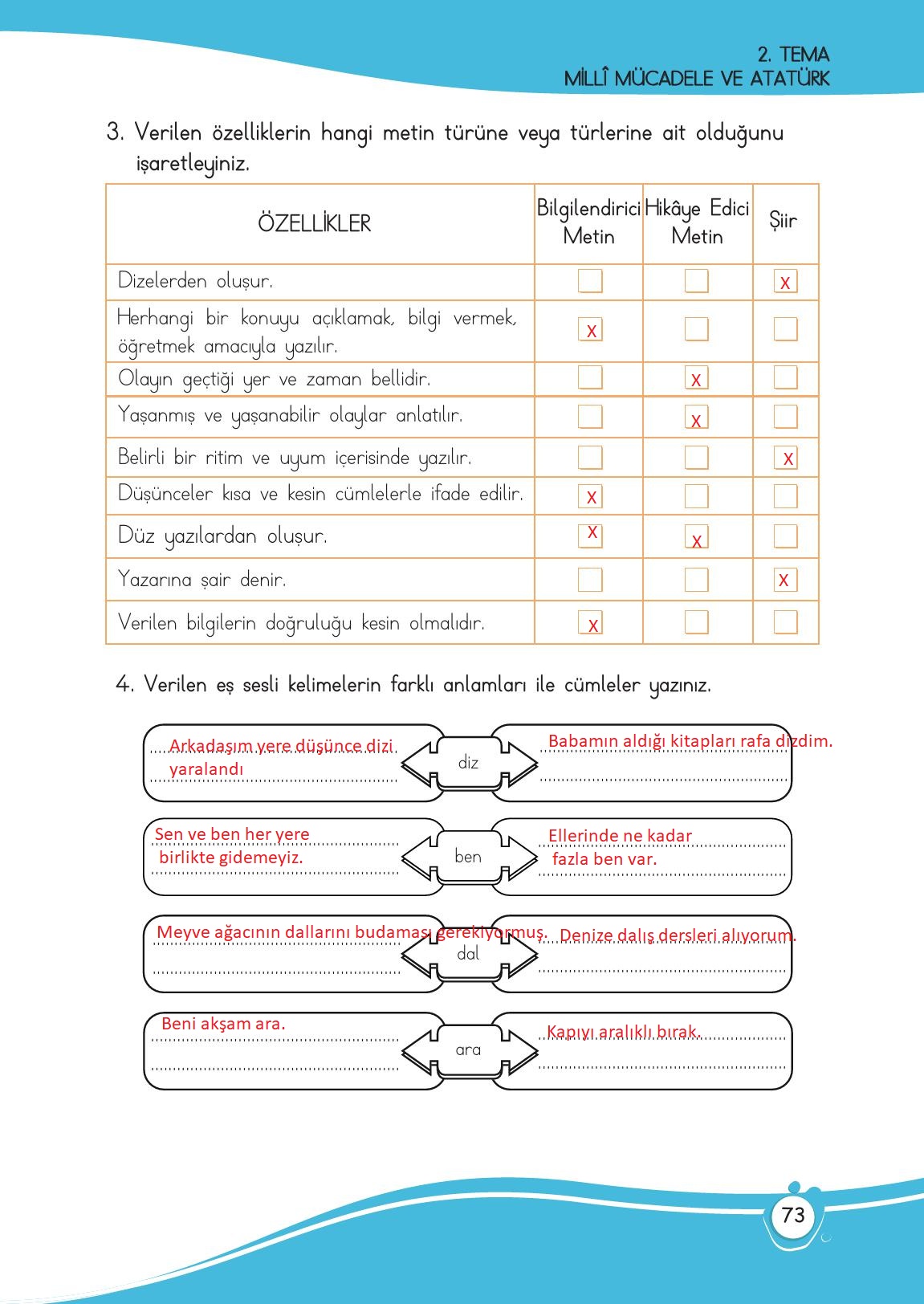 4. Sınıf Meb Yayınları Türkçe Ders Kitabı Sayfa 73 Cevapları