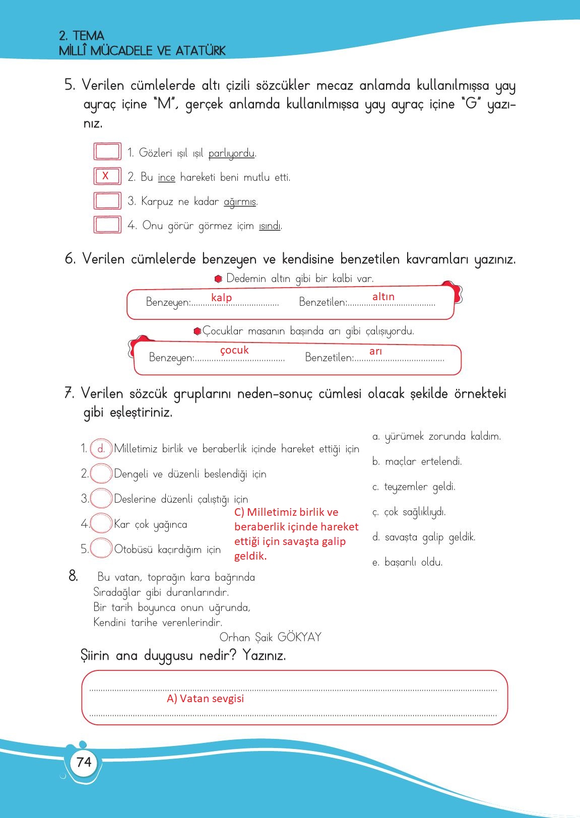 4. Sınıf Meb Yayınları Türkçe Ders Kitabı Sayfa 74 Cevapları
