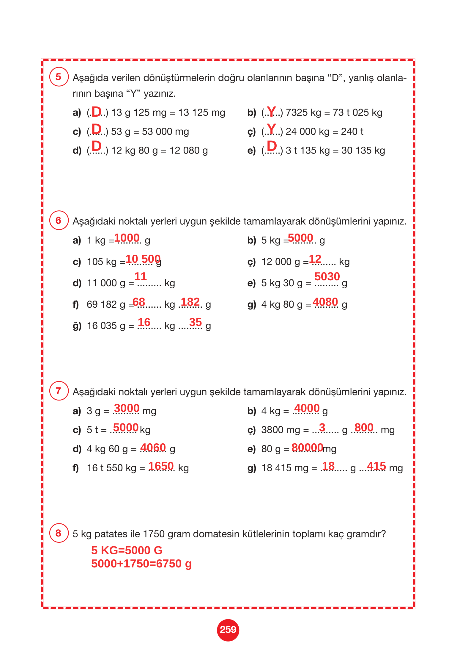 4. Sınıf Pasifik Yayınları Matematik Ders Kitabı Sayfa 259 Cevapları