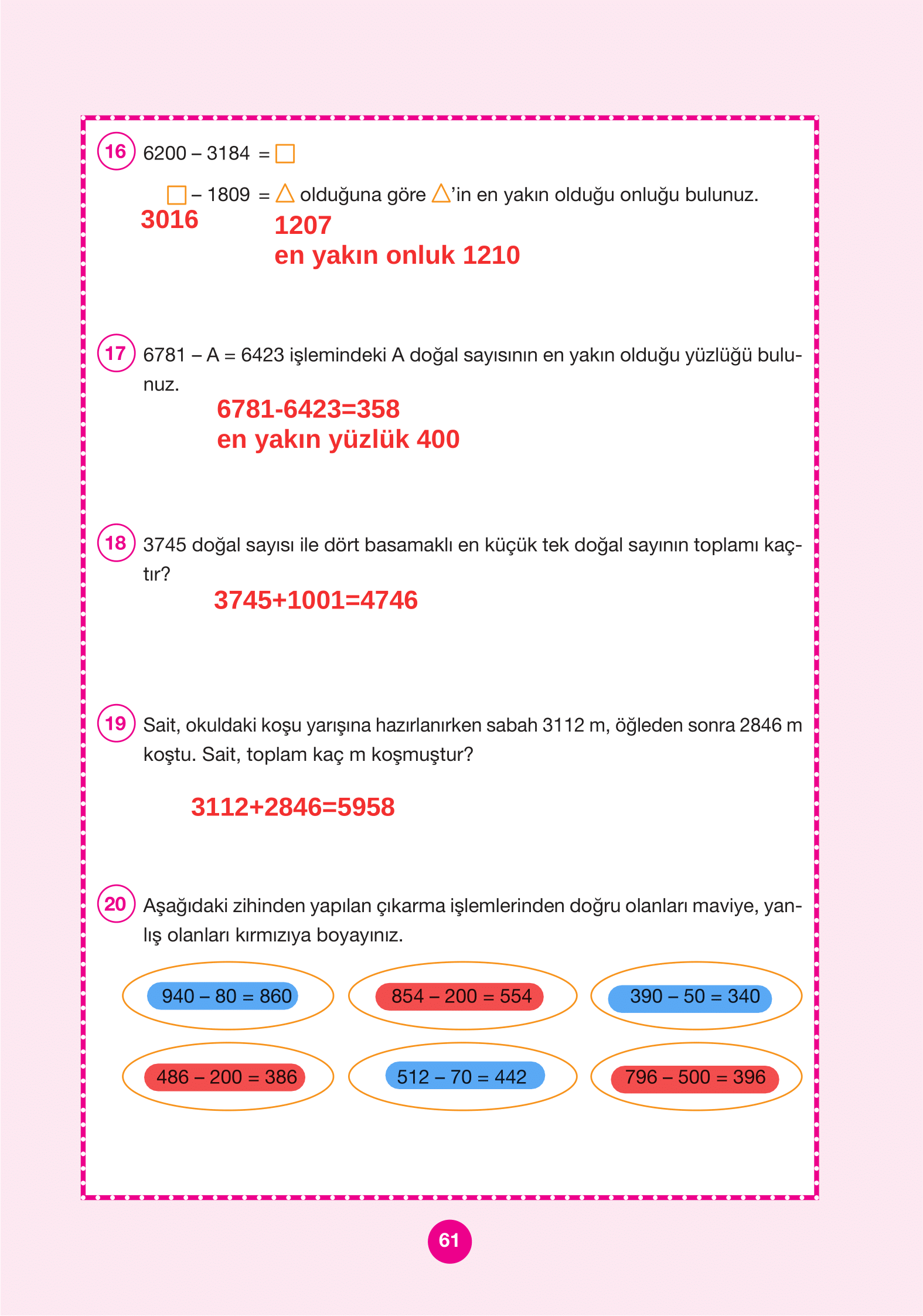 4. Sınıf Pasifik Yayınları Matematik Ders Kitabı Sayfa 61 Cevapları