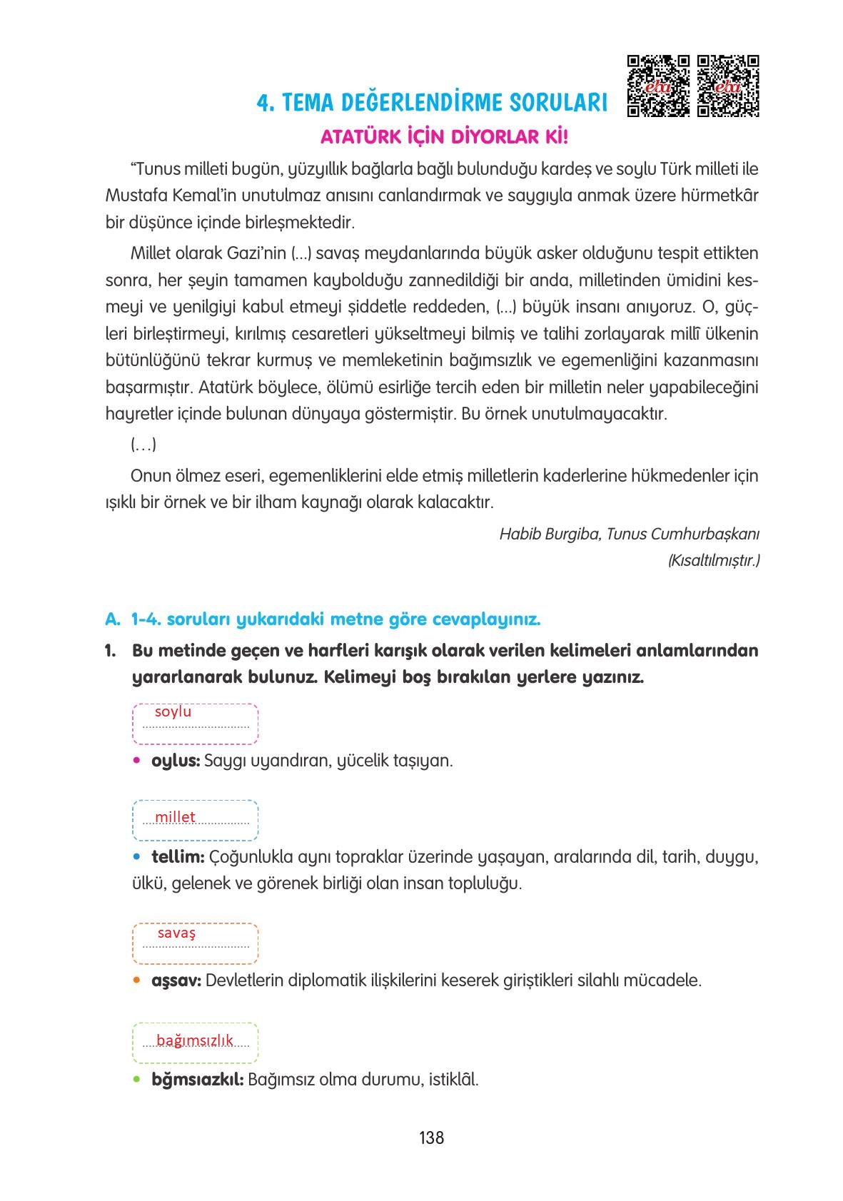 4. Sınıf Tuna Yayınları Türkçe Ders Kitabı Sayfa 138 Cevapları