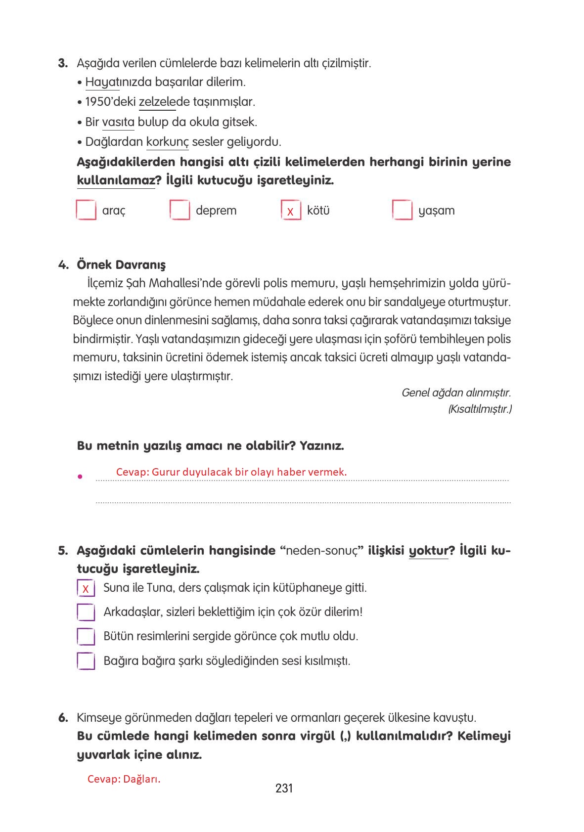 4. Sınıf Tuna Yayınları Türkçe Ders Kitabı Sayfa 231 Cevapları
