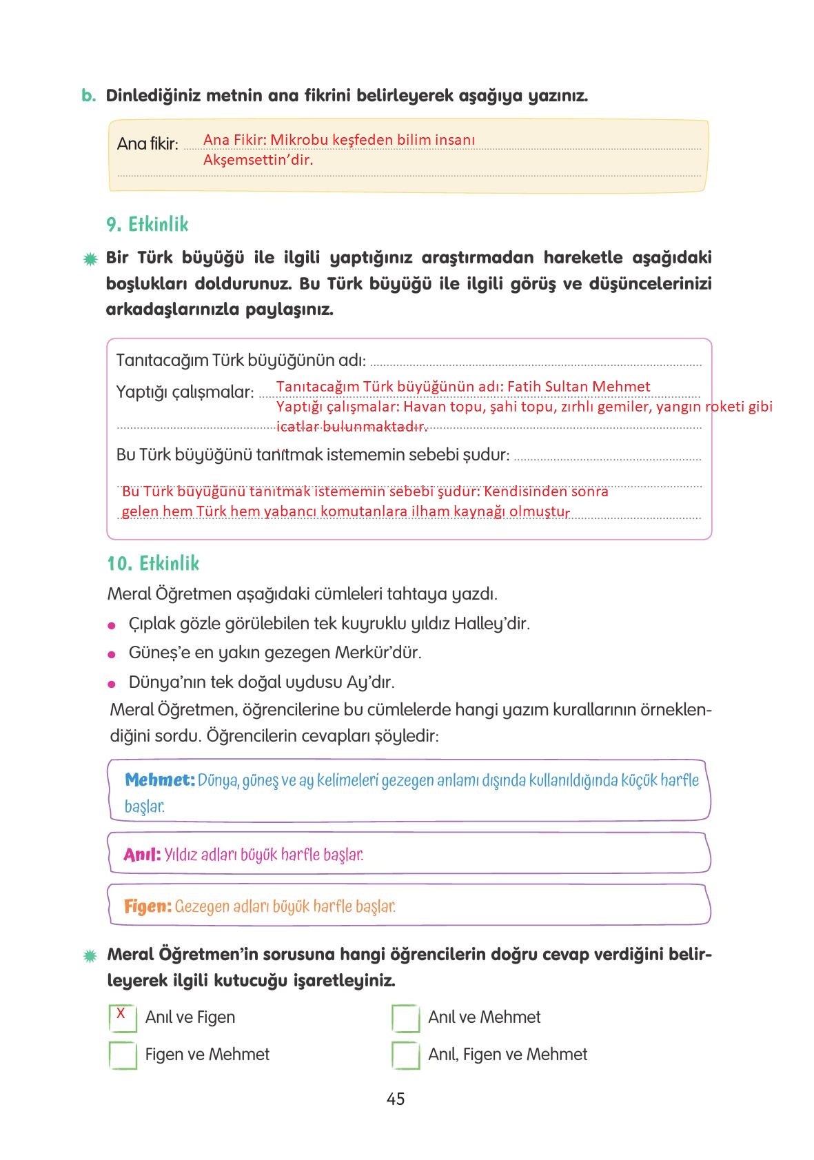 4. Sınıf Tuna Yayınları Türkçe Ders Kitabı Sayfa 45 Cevapları