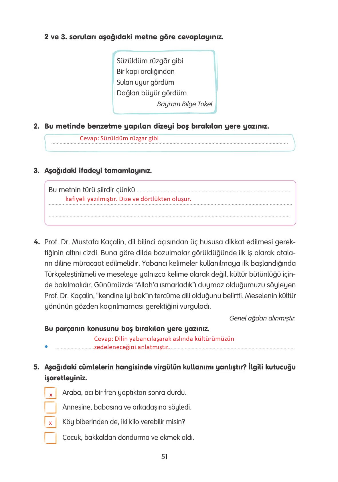 4. Sınıf Tuna Yayınları Türkçe Ders Kitabı Sayfa 51 Cevapları