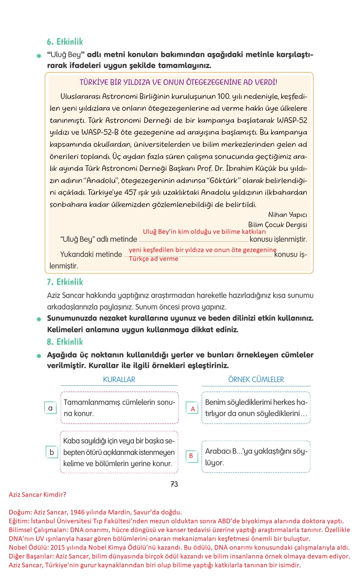 4. Sınıf Tuna Yayınları Türkçe Ders Kitabı Sayfa 73 Cevapları