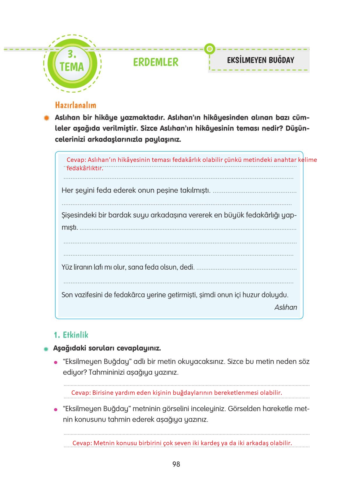 4. Sınıf Tuna Yayınları Türkçe Ders Kitabı Sayfa 98 Cevapları