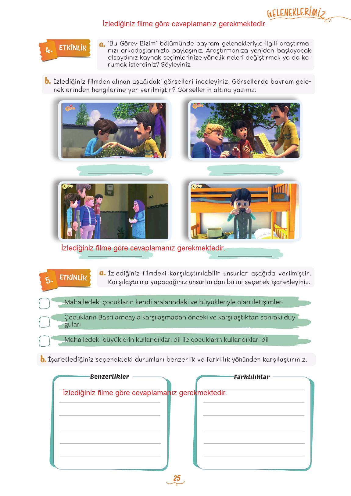 5. Sınıf Meb Yayınları 2. Kitap Türkçe Ders Kitabı Sayfa 25 Cevapları