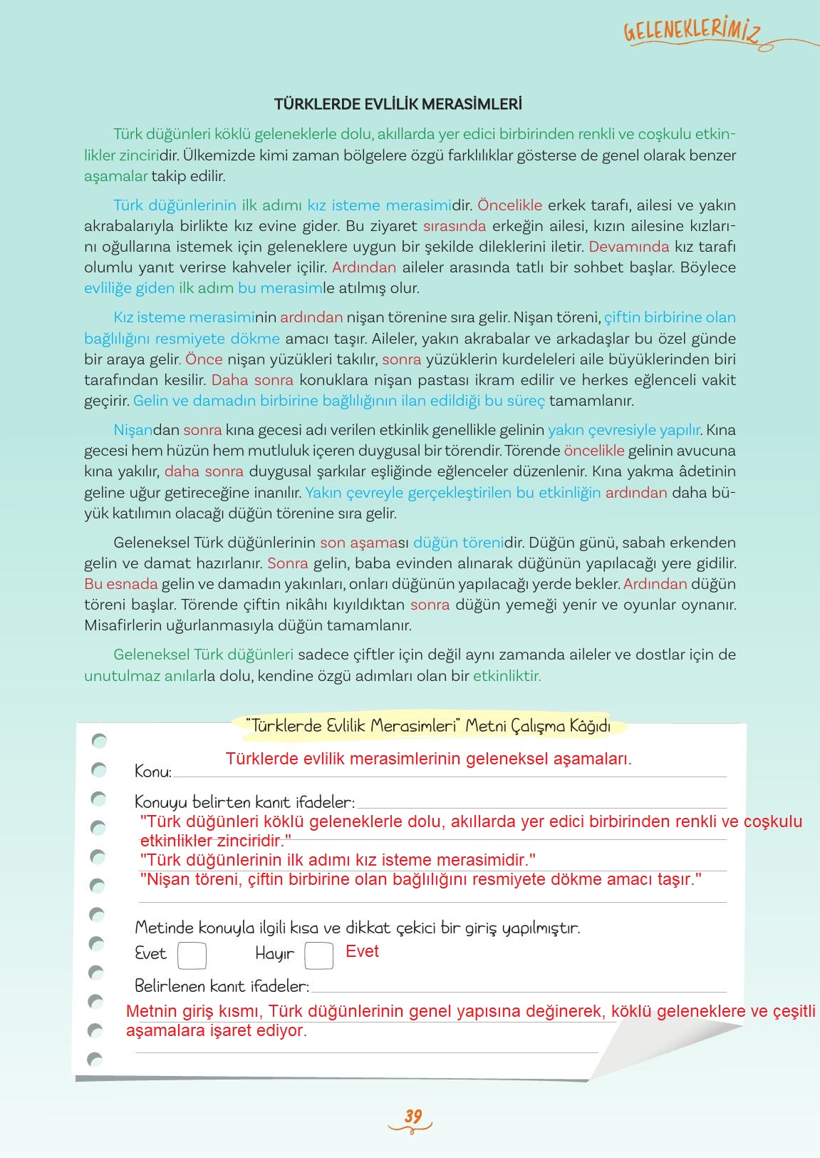 5. Sınıf Meb Yayınları 2. Kitap Türkçe Ders Kitabı Sayfa 39 Cevapları