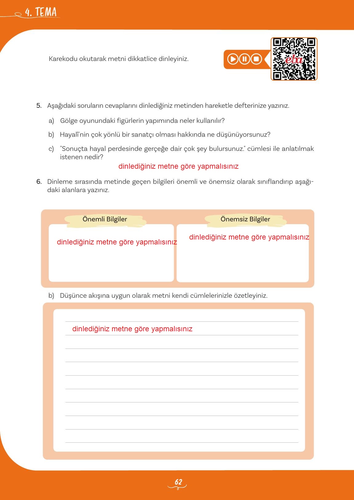 5. Sınıf Meb Yayınları 2. Kitap Türkçe Ders Kitabı Sayfa 62 Cevapları