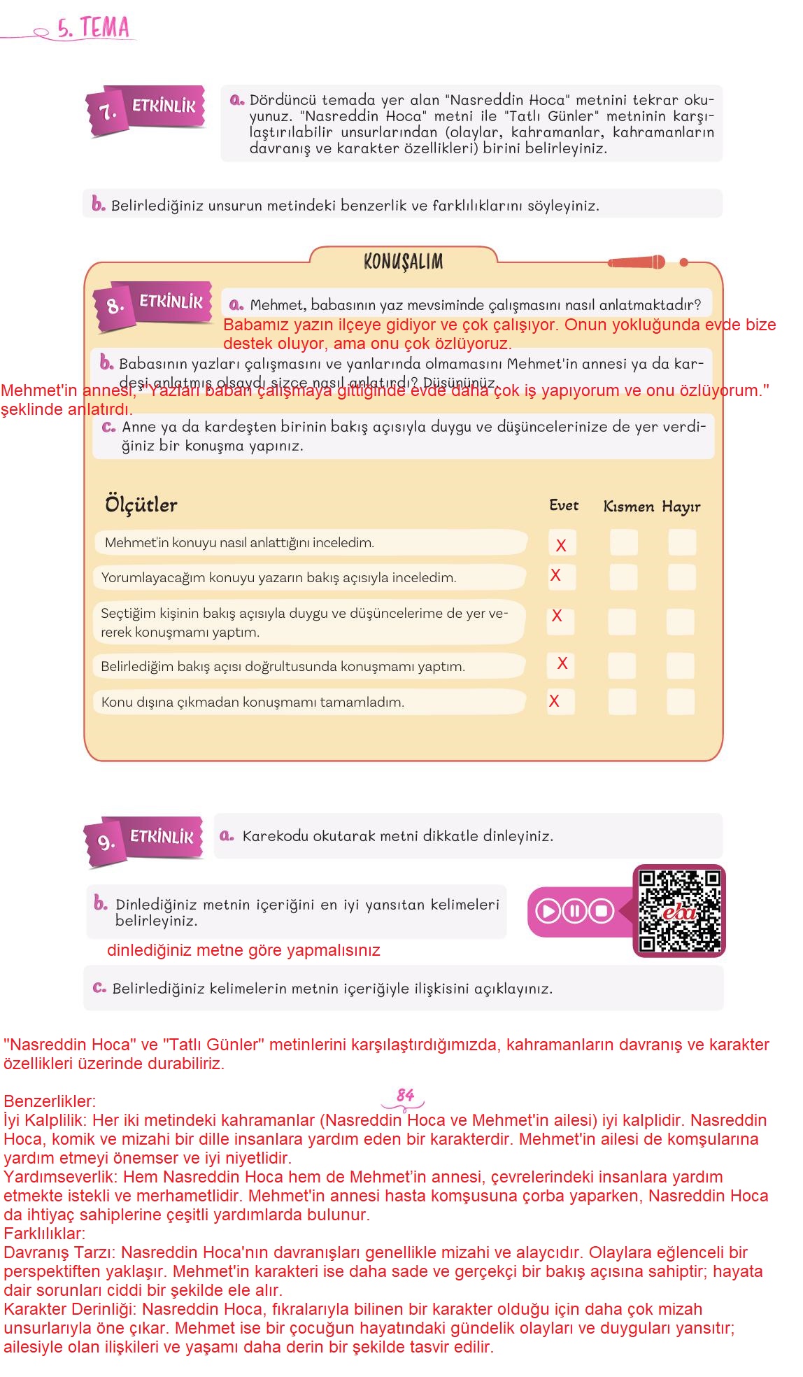 5. Sınıf Meb Yayınları 2. Kitap Türkçe Ders Kitabı Sayfa 84 Cevapları