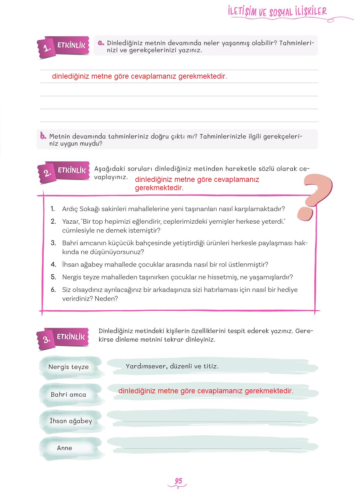 5. Sınıf Meb Yayınları 2. Kitap Türkçe Ders Kitabı Sayfa 95 Cevapları