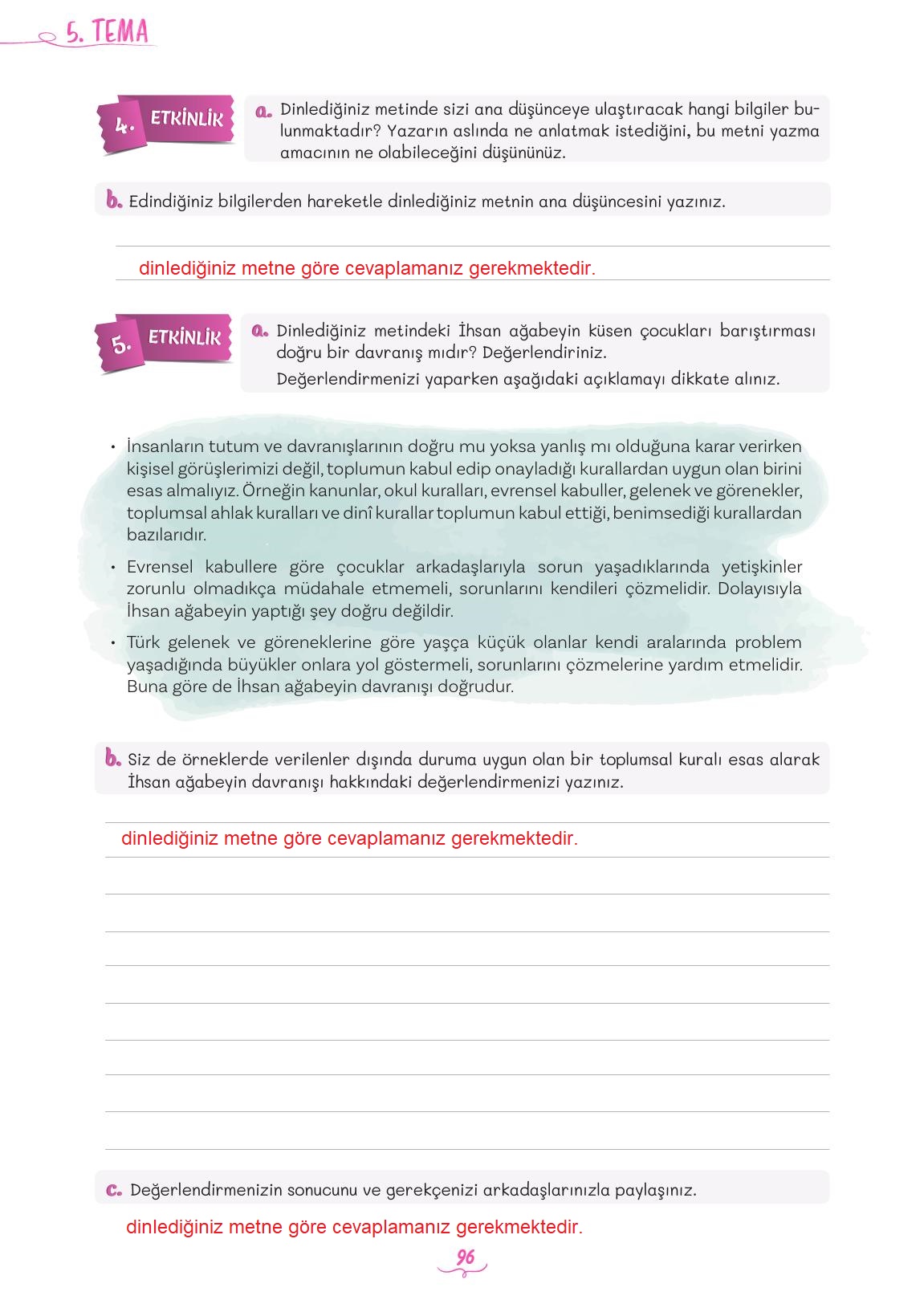 5. Sınıf Meb Yayınları 2. Kitap Türkçe Ders Kitabı Sayfa 96 Cevapları