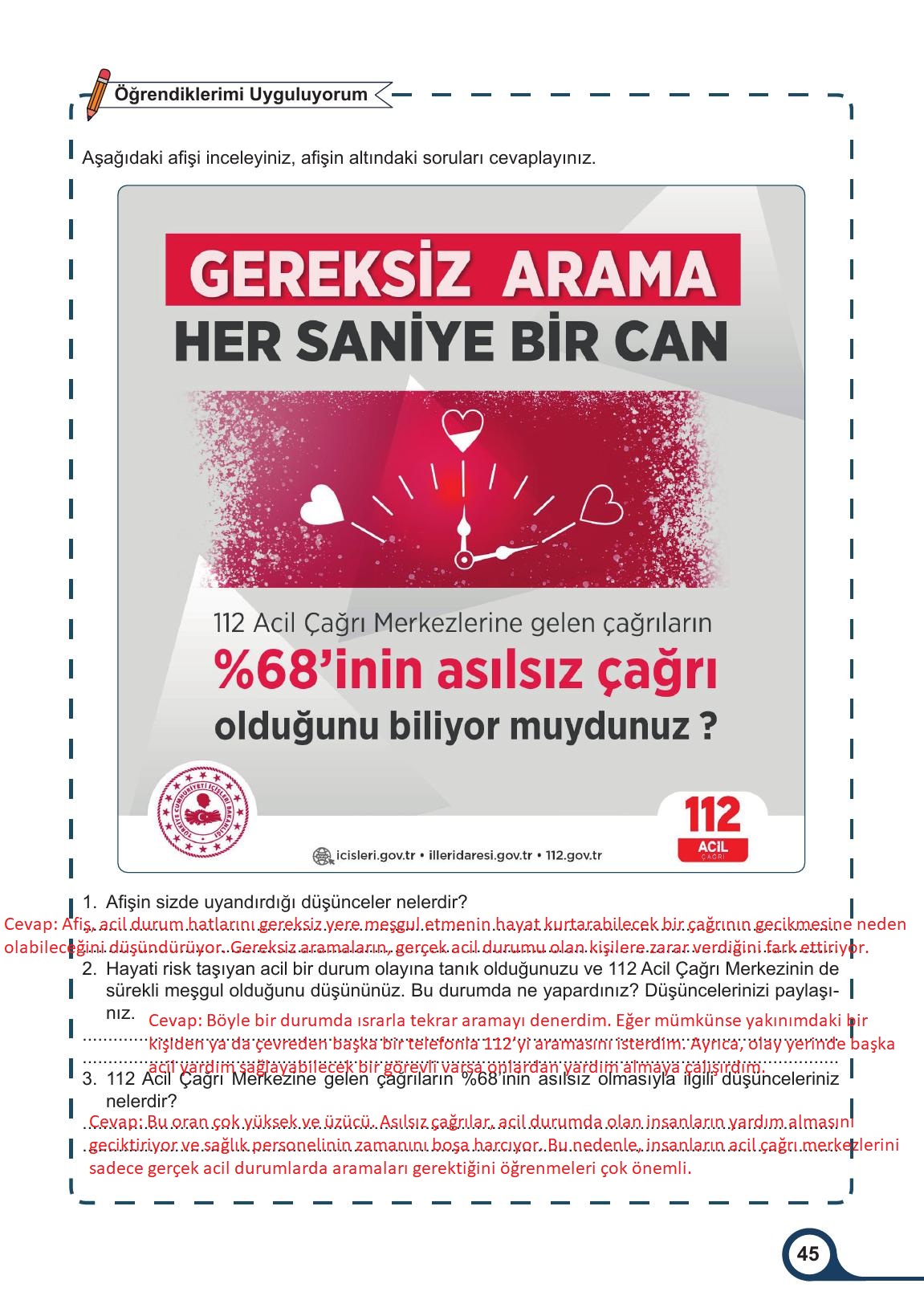 5. Sınıf Meb Yayınları Afet Bilinci Ders Kitabı Sayfa 45 Cevapları