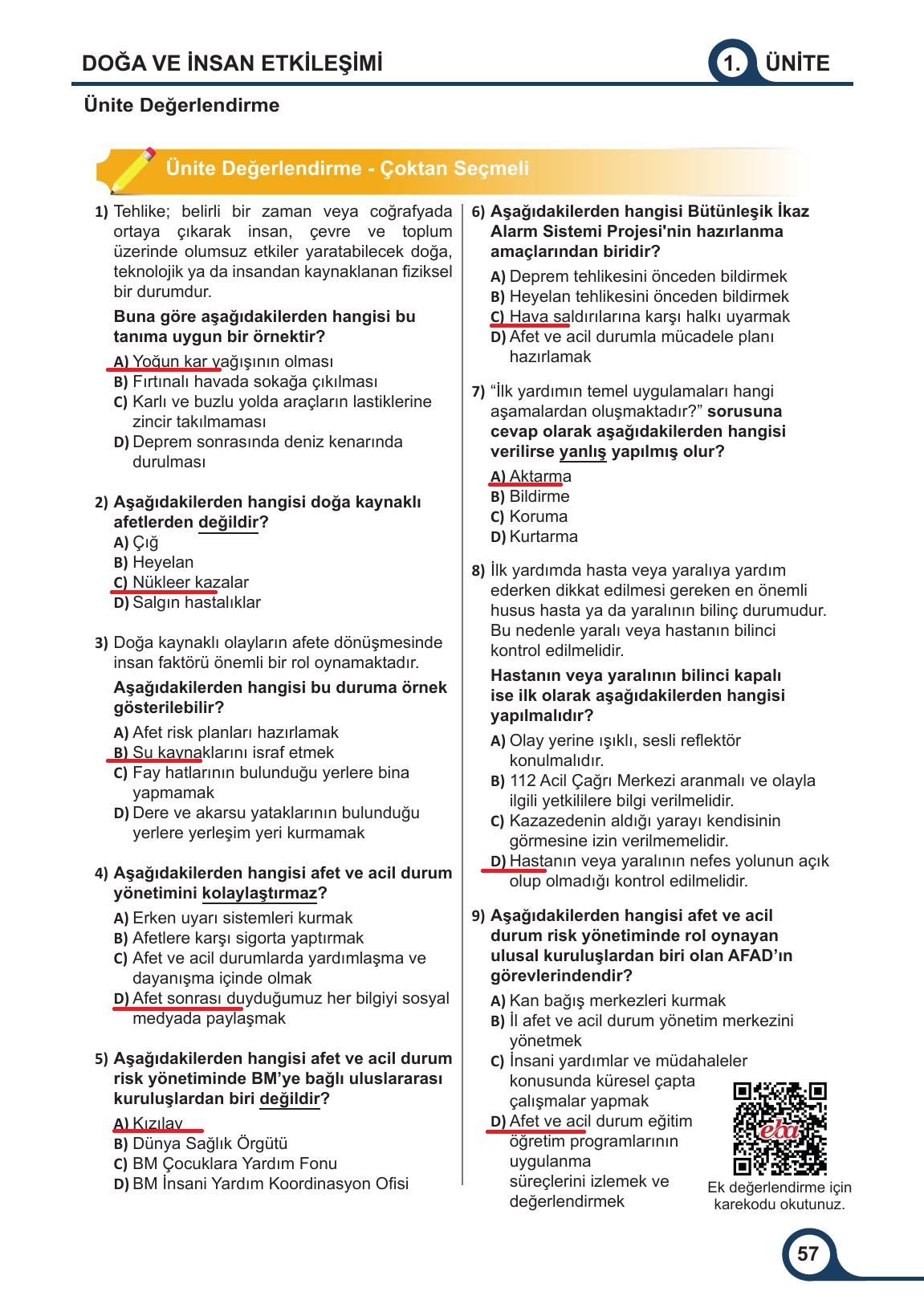 5. Sınıf Meb Yayınları Afet Bilinci Ders Kitabı Sayfa 57 Cevapları