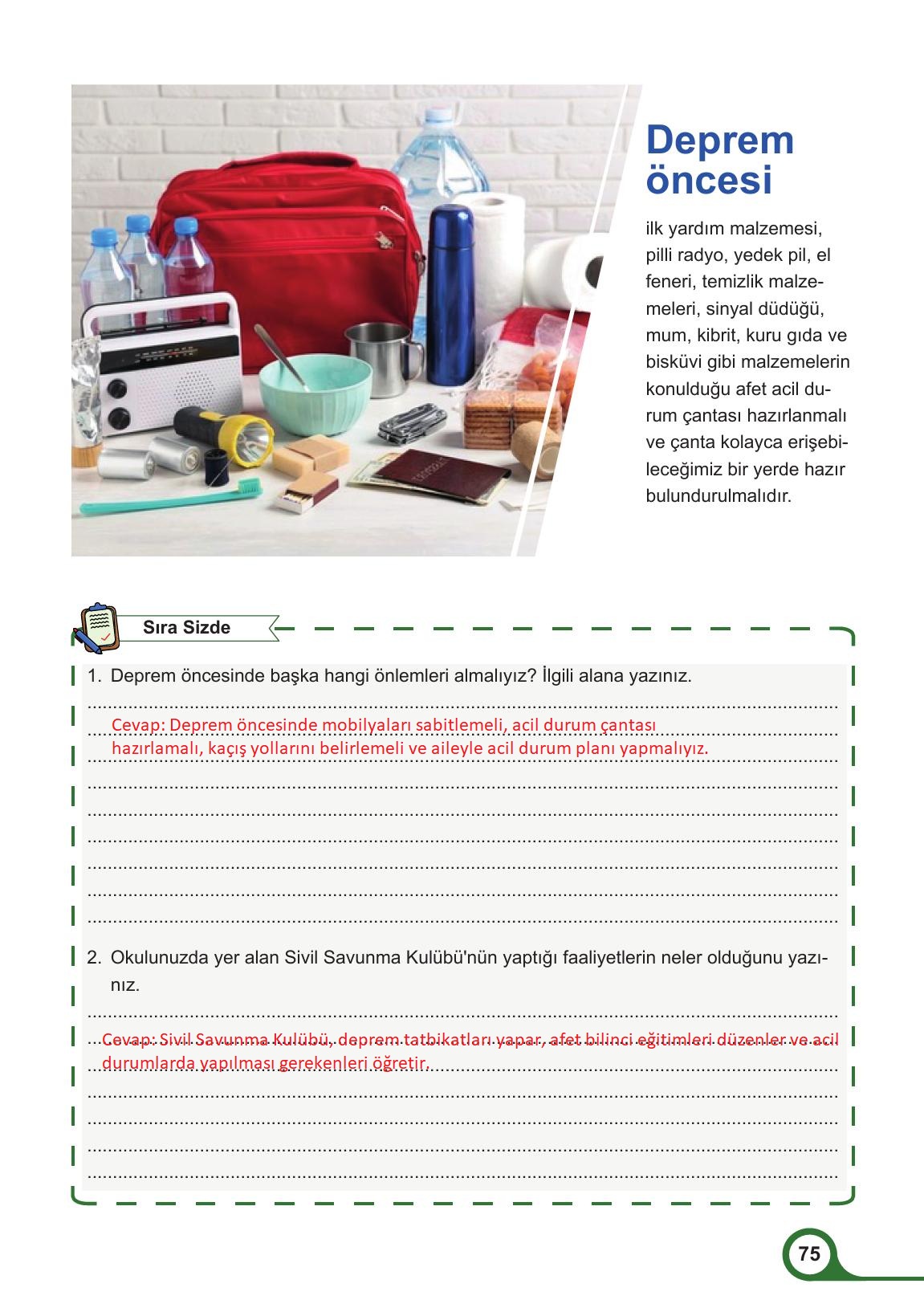 5. Sınıf Meb Yayınları Afet Bilinci Ders Kitabı Sayfa 75 Cevapları