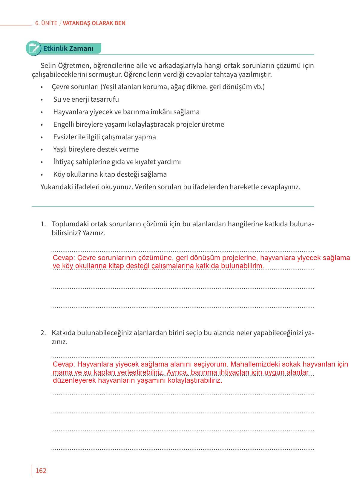 6. Sınıf Meb Yayınları 2. Kitap Ahlak Ve Vatandaşlık Eğitimi Ders Kitabı Sayfa 162 Cevapları