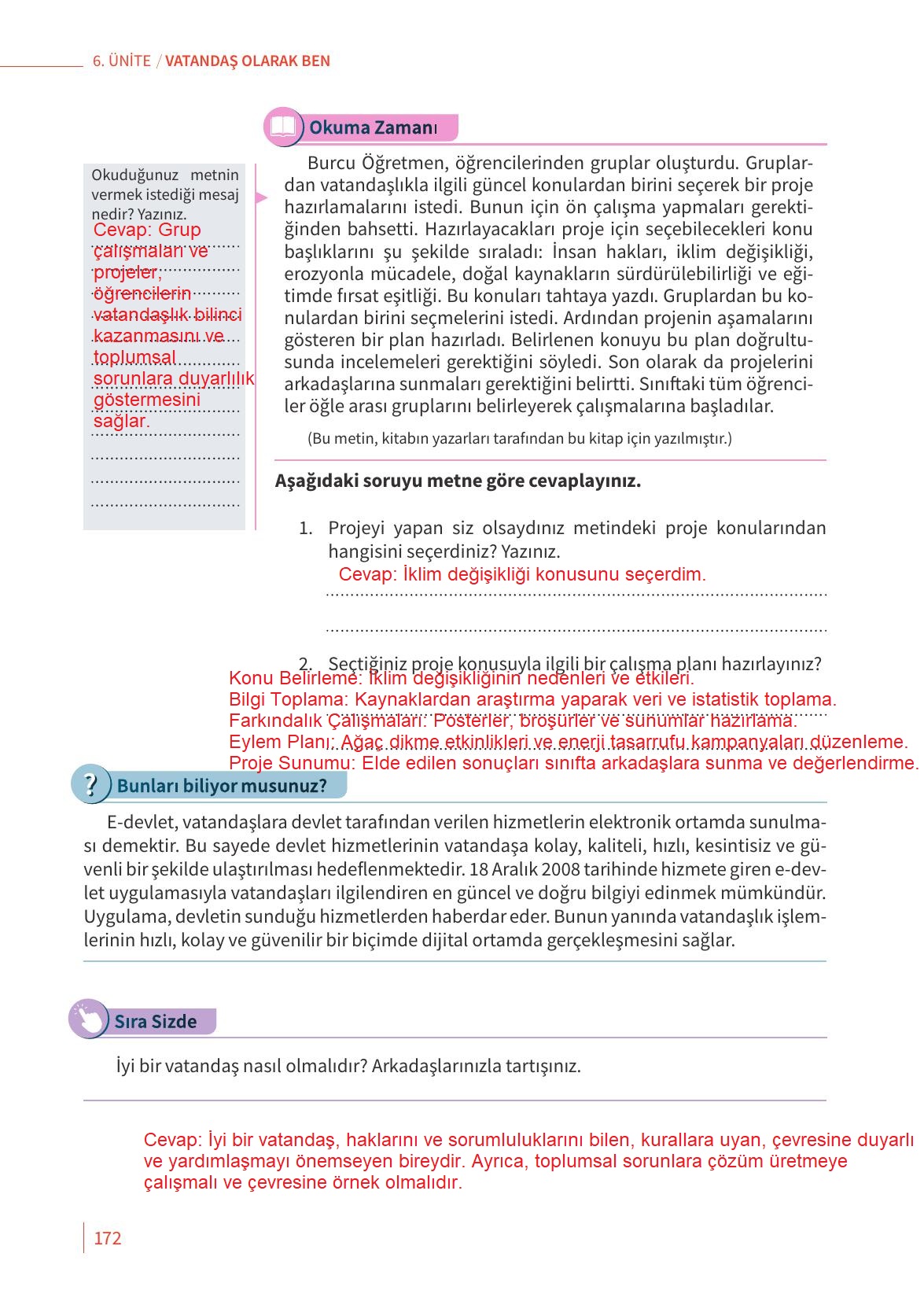 6. Sınıf Meb Yayınları 2. Kitap Ahlak Ve Vatandaşlık Eğitimi Ders Kitabı Sayfa 172 Cevapları