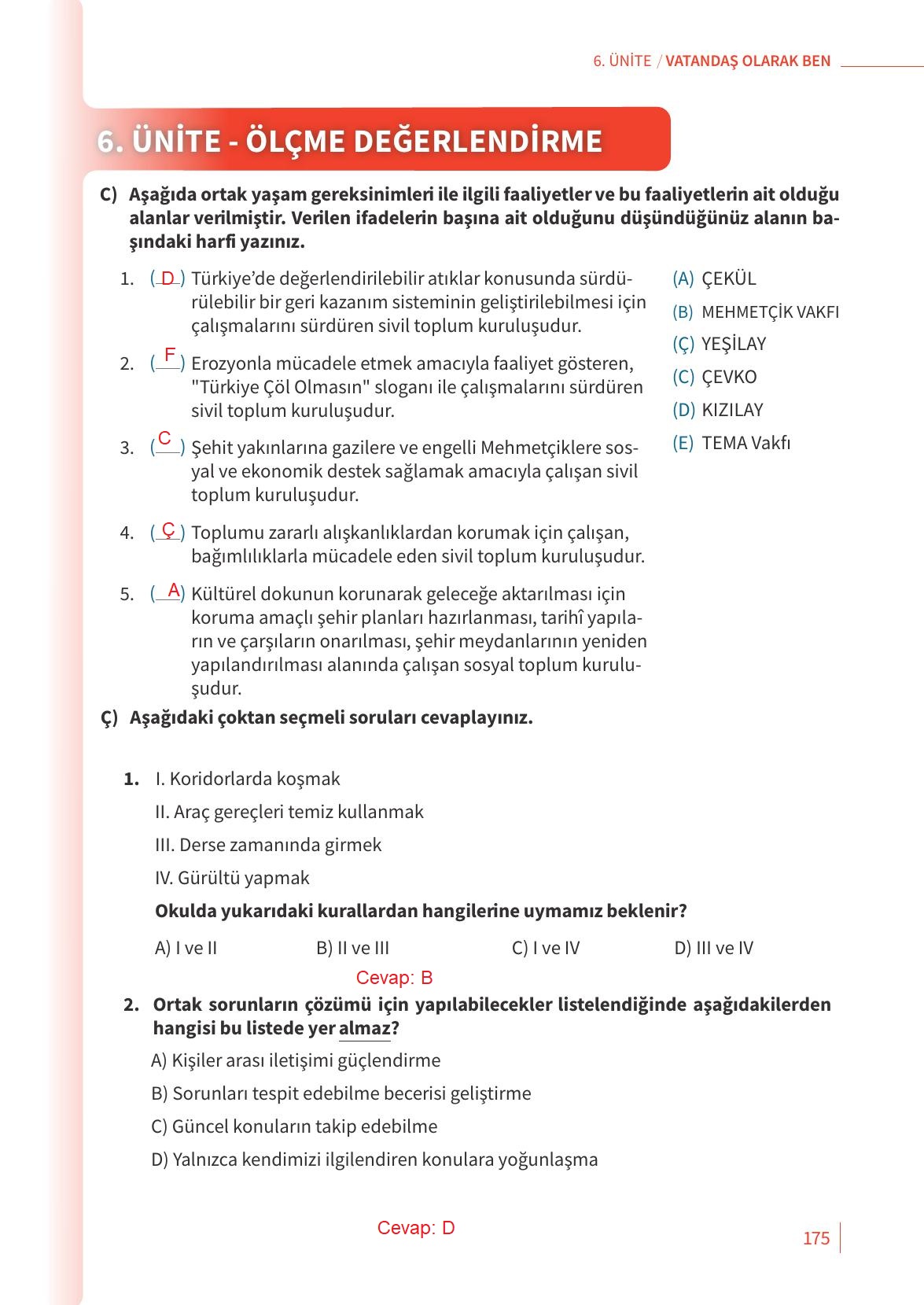 6. Sınıf Meb Yayınları 2. Kitap Ahlak Ve Vatandaşlık Eğitimi Ders Kitabı Sayfa 175 Cevapları