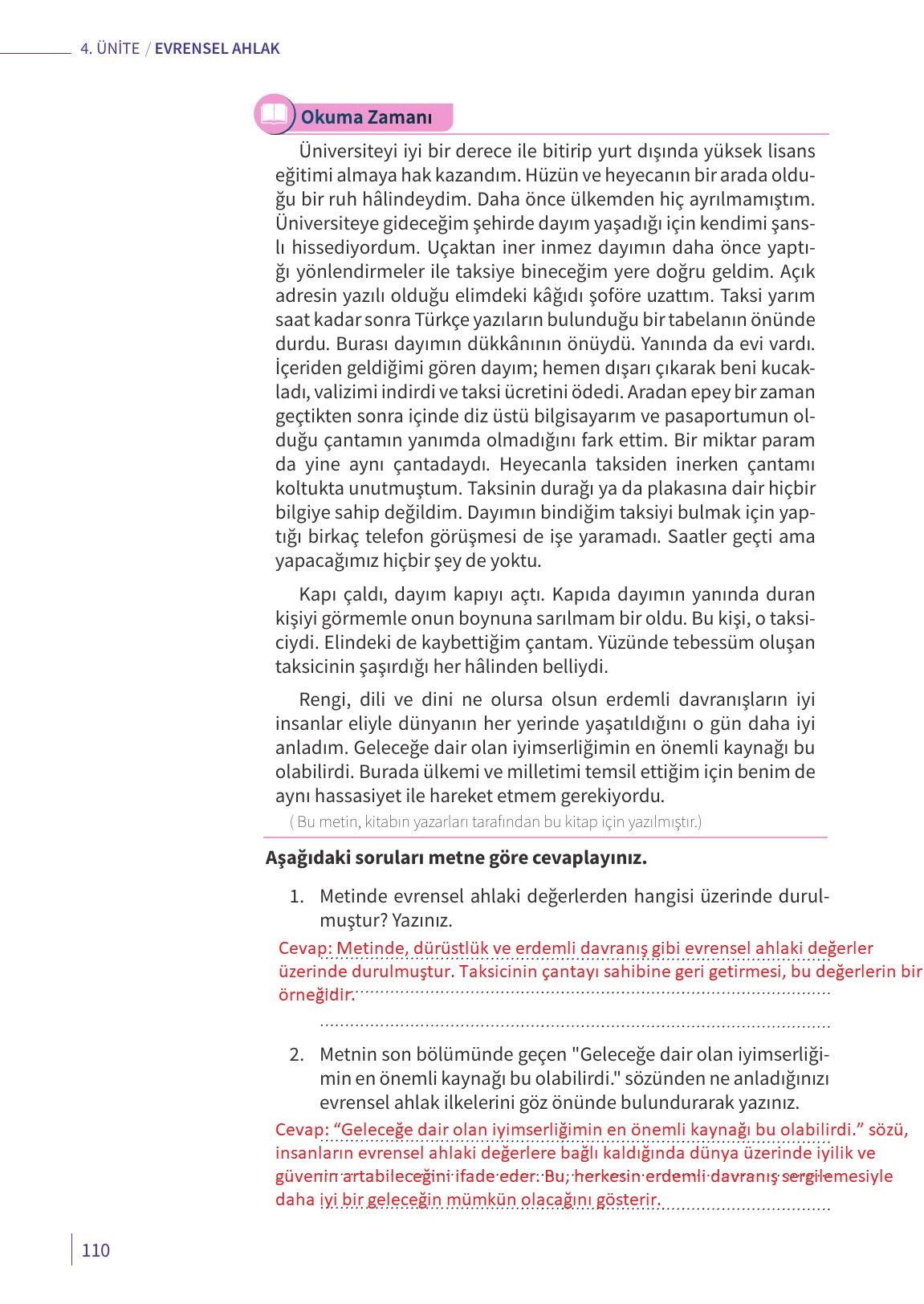6. Sınıf Meb Yayınları Ahlak Ve Vatandaşlık Eğitimi Ders Kitabı Sayfa 110 Cevapları