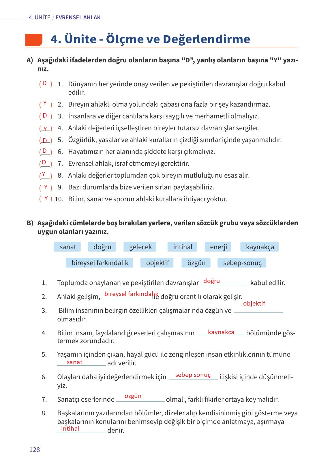 6. Sınıf Meb Yayınları Ahlak Ve Vatandaşlık Eğitimi Ders Kitabı Sayfa 128 Cevapları